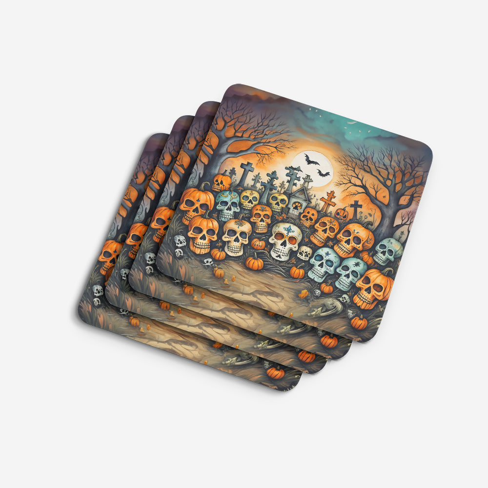 Calaveras Sugar Skulls Spooky Halloween Foam Coasters Set of 4 Cup Coasters for Indoor Outdoor, Tabletop Protection, Anti Slip, Mouse pad Material