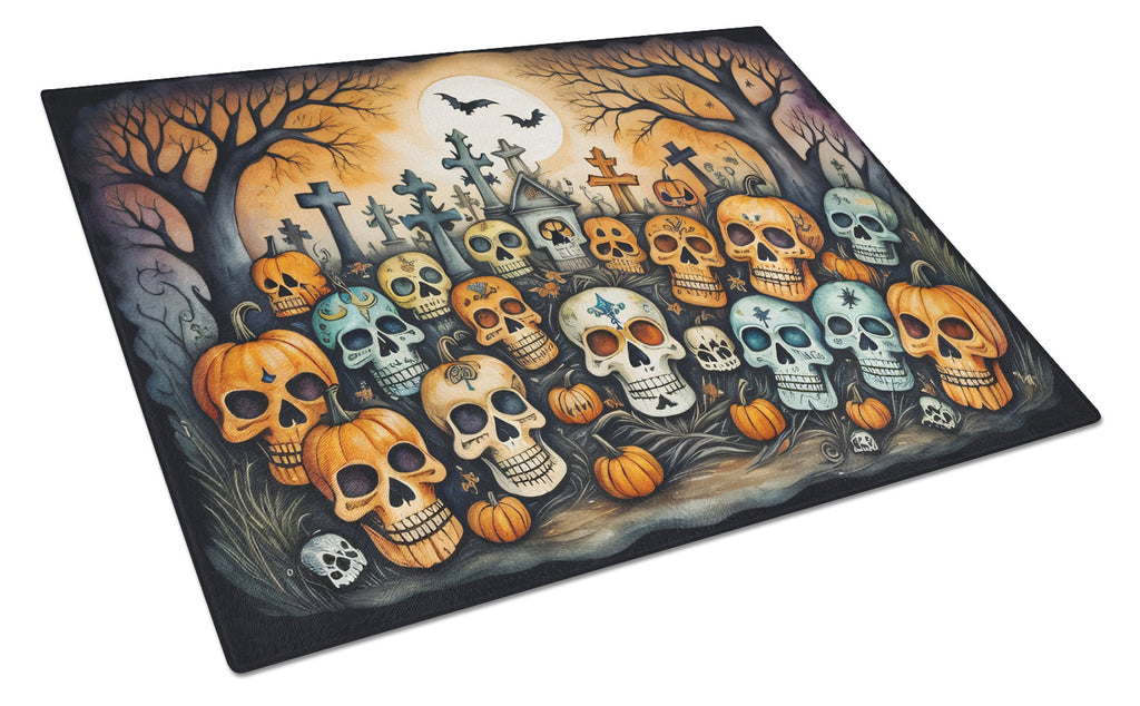 Calaveras Sugar Skulls Spooky Halloween Cutting Board Tempered Glass Kitchen Cutting Surface, Heat Resistant Chopping, Non-Slip Feet, Food Prep & Serving