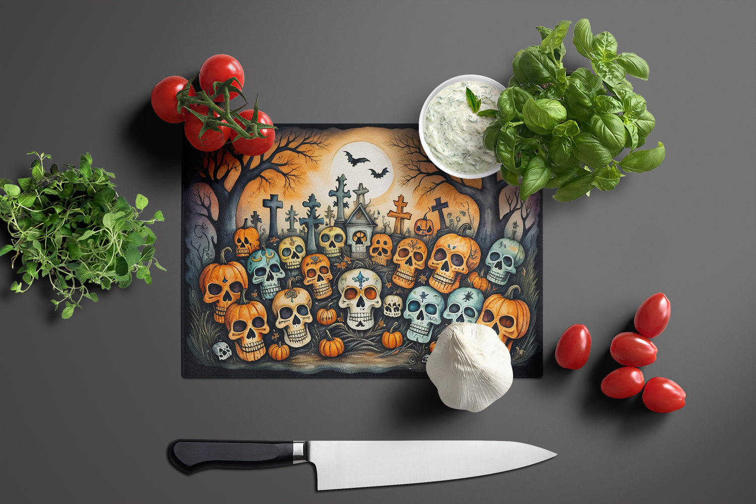 Calaveras Sugar Skulls Spooky Halloween Cutting Board Tempered Glass Kitchen Cutting Surface, Heat Resistant Chopping, Non-Slip Feet, Food Prep & Serving