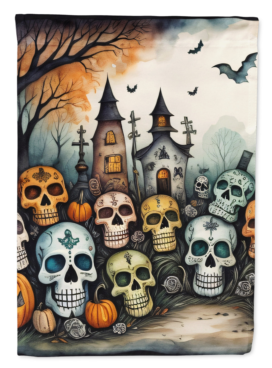 Calaveras Sugar Skulls Spooky Halloween House Flag 28x40 Porch Sleeve Pole Decorative Outside Yard Banner Artwork Wall Hanging, Polyester