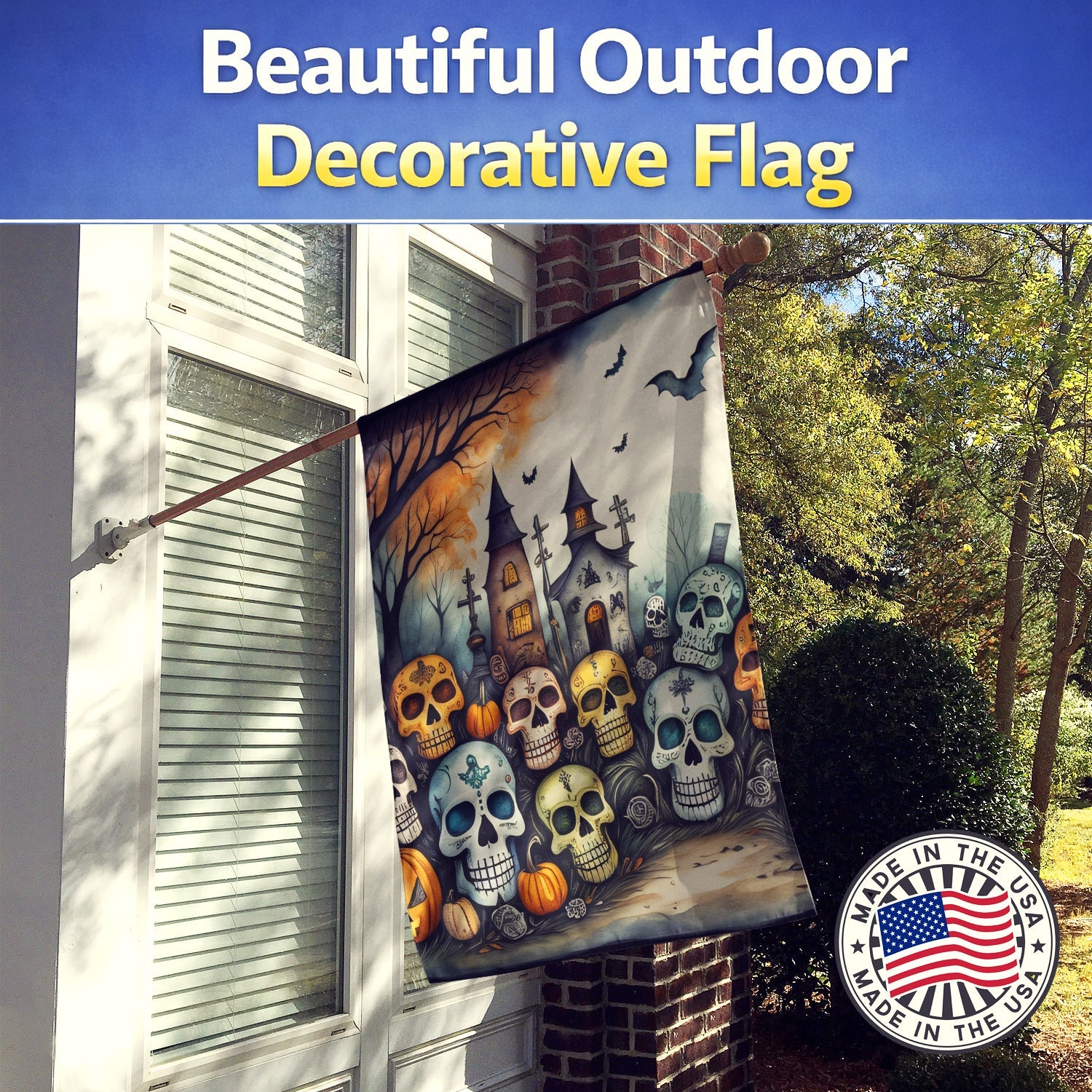 Calaveras Sugar Skulls Spooky Halloween House Flag 28x40 Porch Sleeve Pole Decorative Outside Yard Banner Artwork Wall Hanging, Polyester