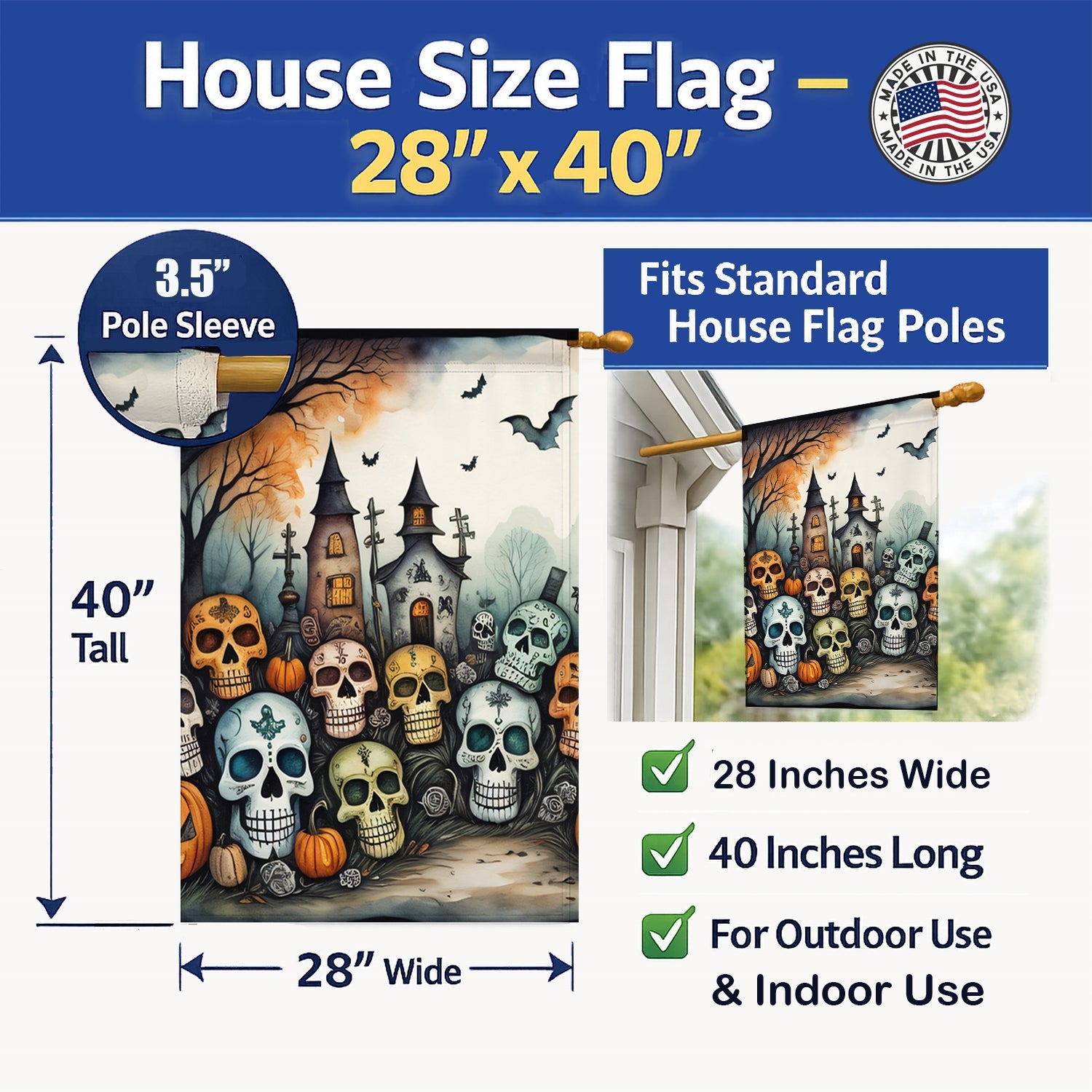Calaveras Sugar Skulls Spooky Halloween House Flag 28x40 Porch Sleeve Pole Decorative Outside Yard Banner Artwork Wall Hanging, Polyester