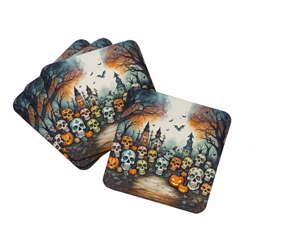 Calaveras Sugar Skulls Spooky Halloween Foam Coasters Set of 4 Cup Coasters for Indoor Outdoor, Tabletop Protection, Anti Slip, Mouse pad Material