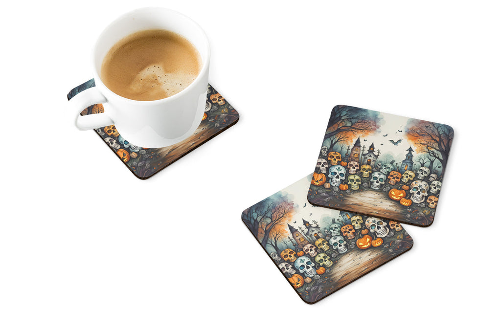 Calaveras Sugar Skulls Spooky Halloween Foam Coasters Set of 4 Cup Coasters for Indoor Outdoor, Tabletop Protection, Anti Slip, Mouse pad Material