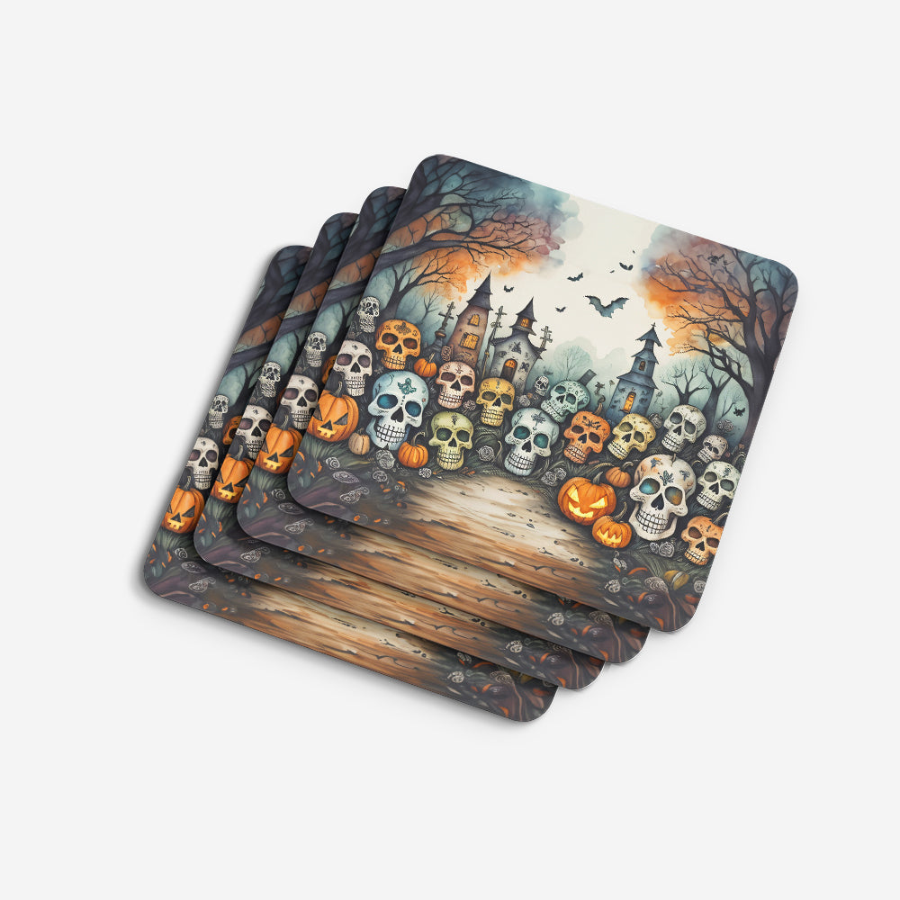 Calaveras Sugar Skulls Spooky Halloween Foam Coasters Set of 4 Cup Coasters for Indoor Outdoor, Tabletop Protection, Anti Slip, Mouse pad Material