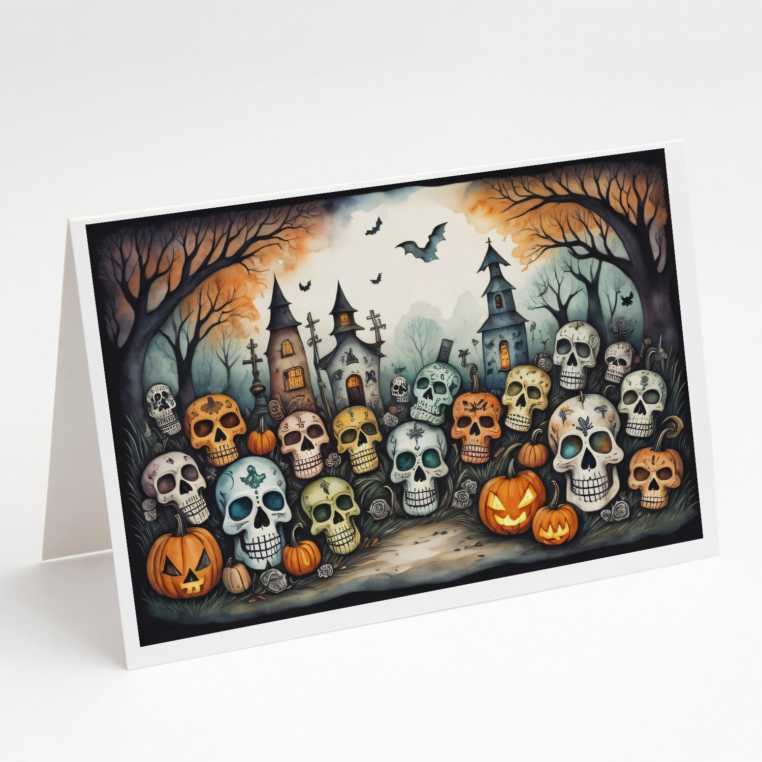 Calaveras Sugar Skulls Spooky Halloween Greeting Cards Pack of 8 Blank Cards with Envelopes Whimsical A7 Size 5x7