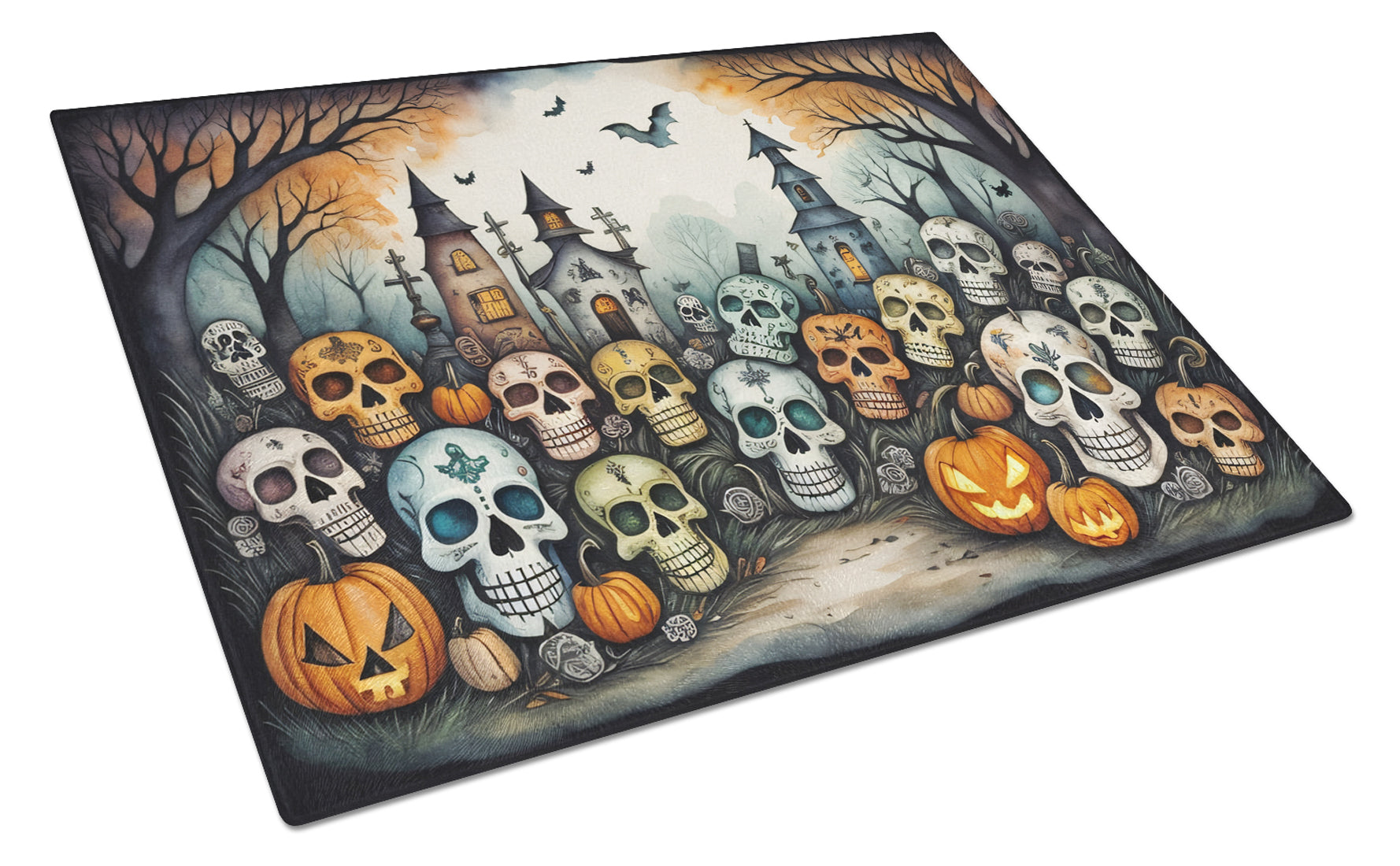 Calaveras Sugar Skulls Spooky Halloween Cutting Board Tempered Glass Kitchen Cutting Surface, Heat Resistant Chopping, Non-Slip Feet, Food Prep & Serving