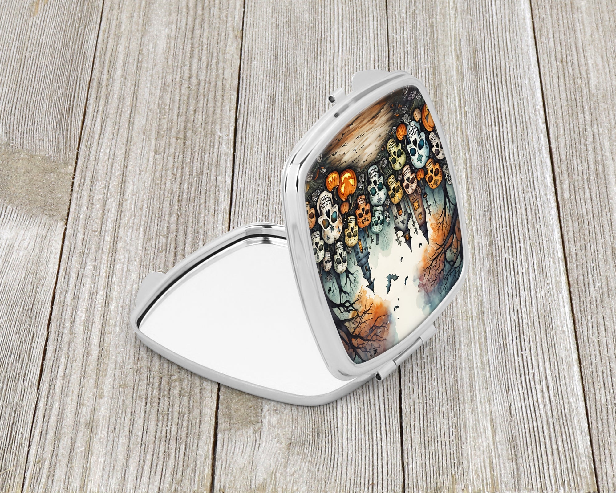 Calaveras Sugar Skulls Spooky Halloween Compact Mirror Decorative Travel Makeup Mirror for Women Girls Gifts Pocket Makeup Mirror Folding Handheld