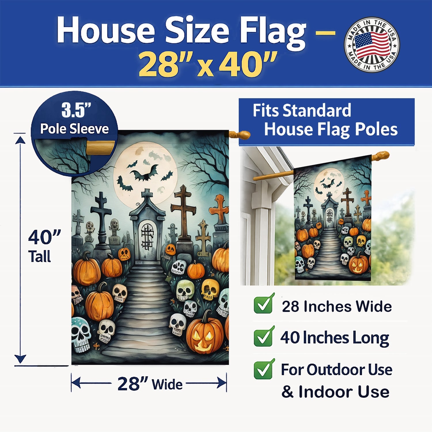 Calaveras Sugar Skulls Spooky Halloween House Flag 28x40 Porch Sleeve Pole Decorative Outside Yard Banner Artwork Wall Hanging, Polyester