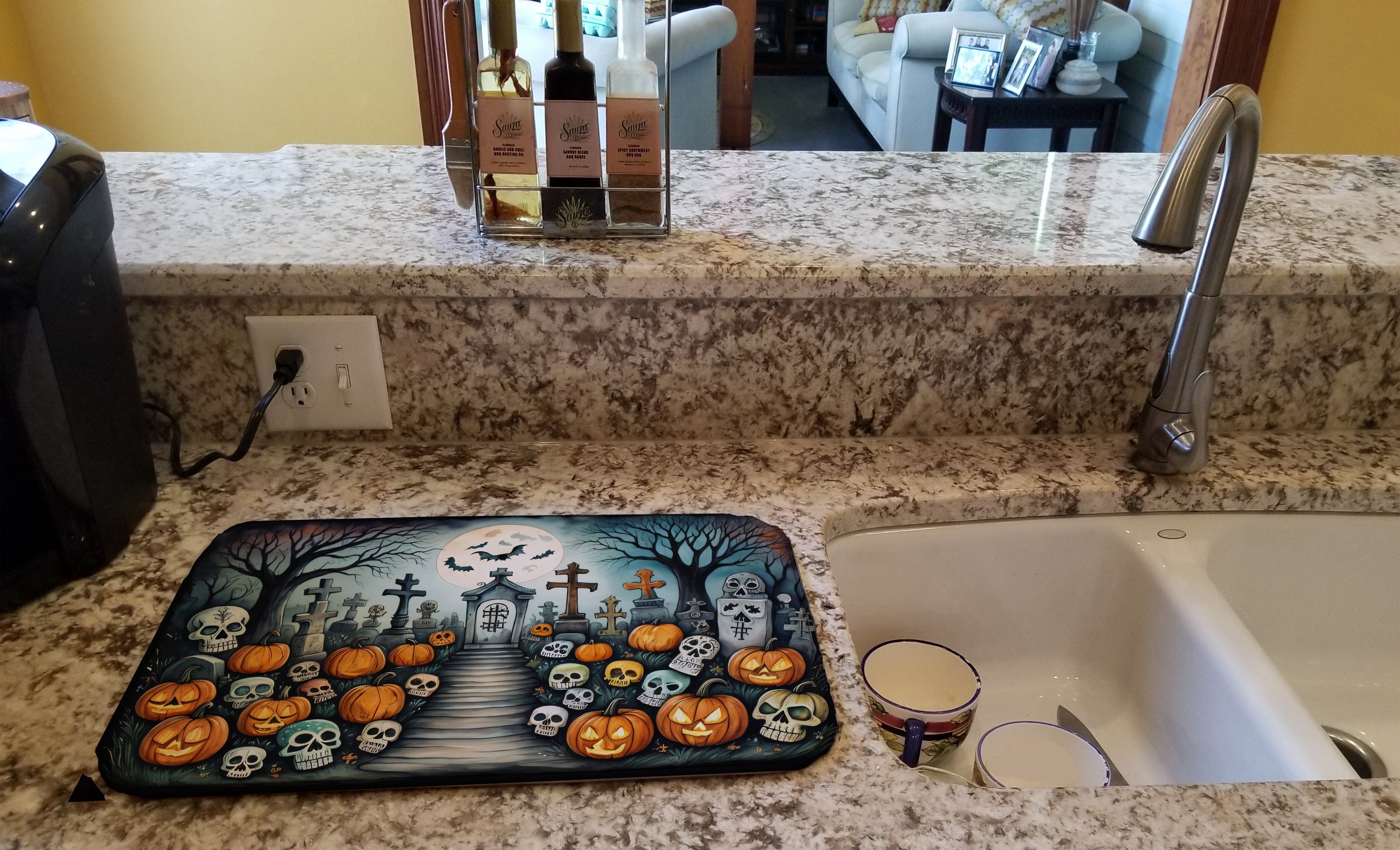 Calaveras Sugar Skulls Spooky Halloween Dish Drying Mat Absorbent Dish Drying Mat Pad for Kitchen Counter Dish Drainer Mat for Countertop, 14 x 21", Multicolor