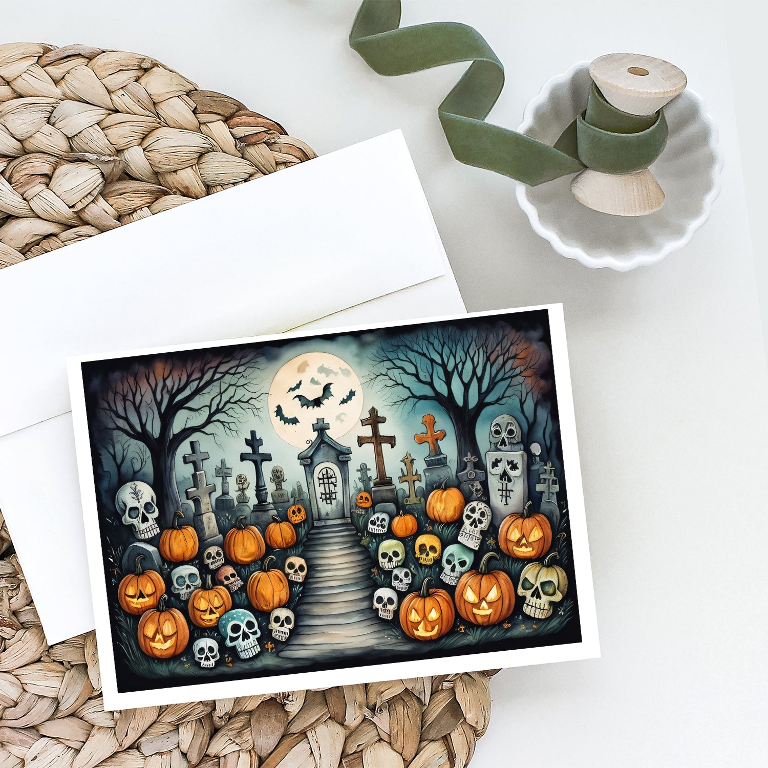 Calaveras Sugar Skulls Spooky Halloween Greeting Cards Pack of 8 Blank Cards with Envelopes Whimsical A7 Size 5x7