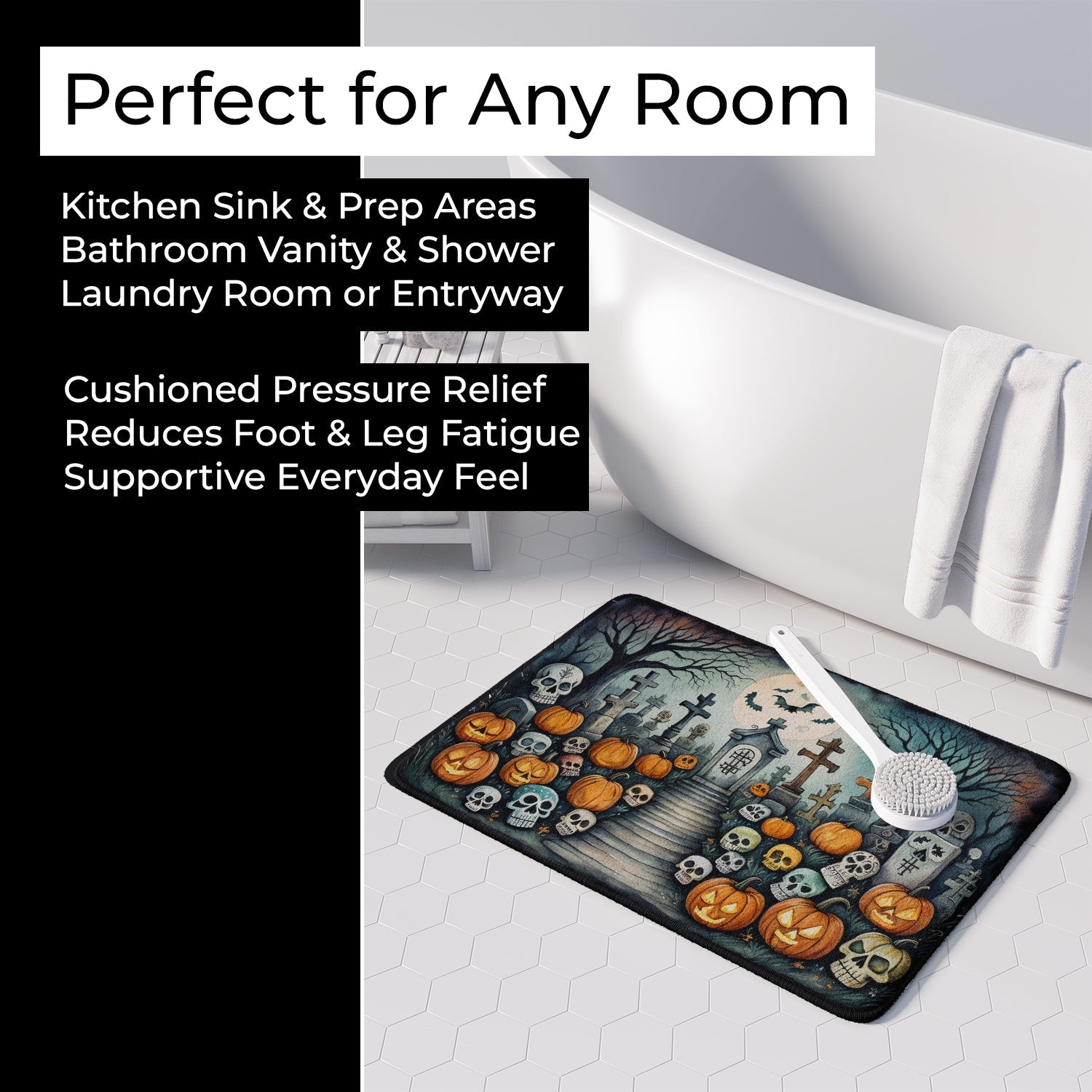 Calaveras Sugar Skulls Spooky Halloween Memory Foam Kitchen Mat Machine Washable Anti-Fatigue Cushion Comfort Bath or Kitchen Rug
