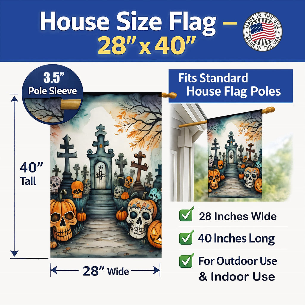 Calaveras Sugar Skulls Spooky Halloween House Flag 28x40 Porch Sleeve Pole Decorative Outside Yard Banner Artwork Wall Hanging, Polyester