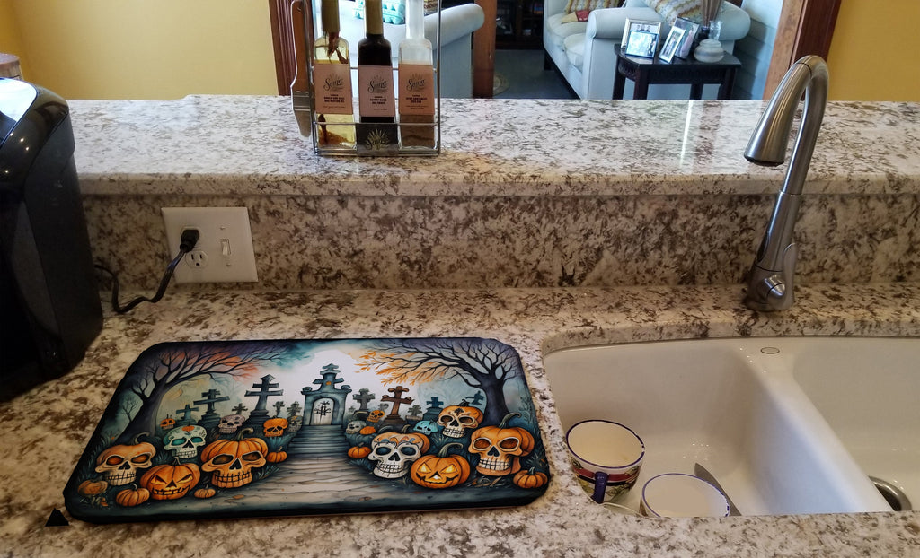 Calaveras Sugar Skulls Spooky Halloween Dish Drying Mat Absorbent Dish Drying Mat Pad for Kitchen Counter Dish Drainer Mat for Countertop, 14 x 21", Multicolor