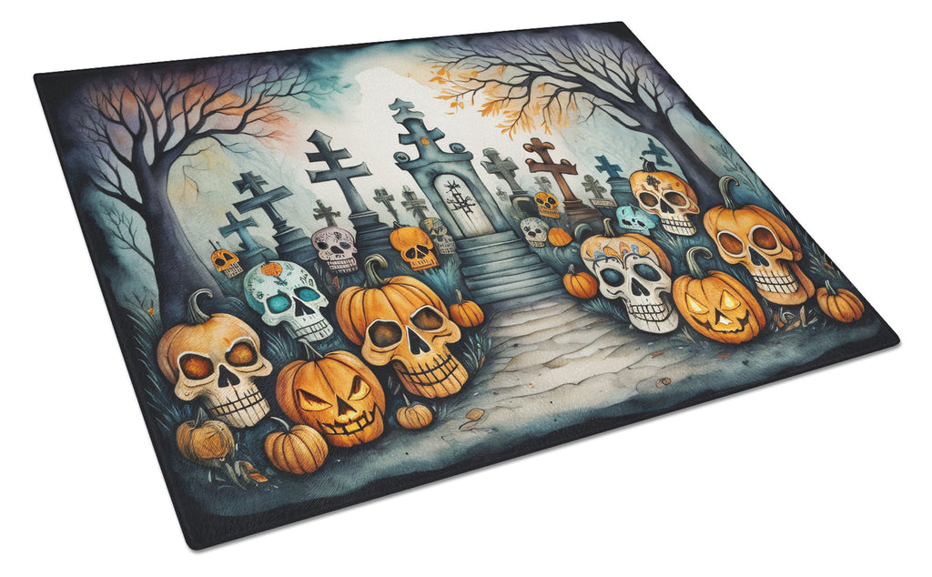 Calaveras Sugar Skulls Spooky Halloween Cutting Board Tempered Glass Kitchen Cutting Surface, Heat Resistant Chopping, Non-Slip Feet, Food Prep & Serving