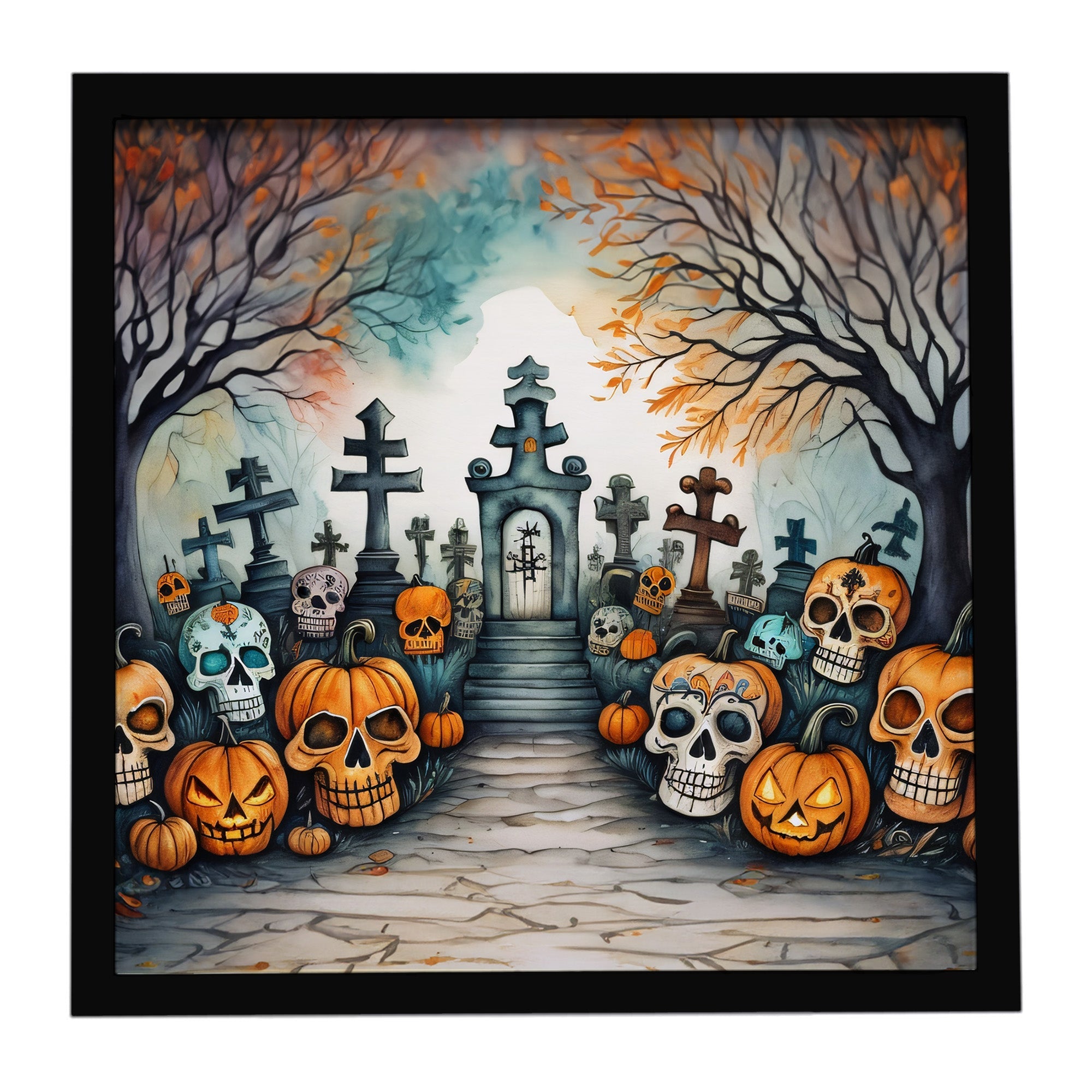 Calaveras Sugar Skulls Spooky Halloween Framed Metal Print Bathroom, Kitchen, Office, Home Decor Wall Art Ready to Hang, Square, 8X8