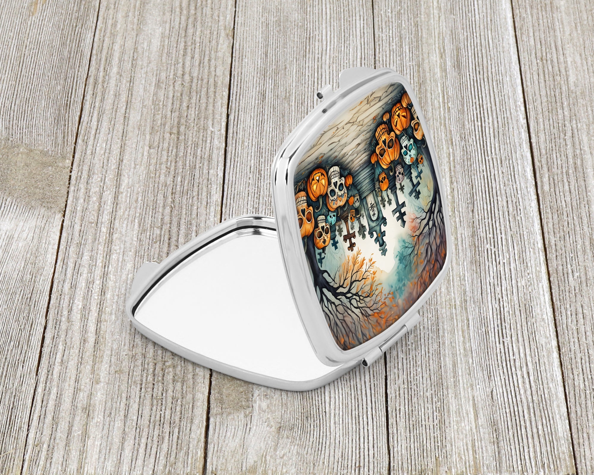 Calaveras Sugar Skulls Spooky Halloween Compact Mirror Decorative Travel Makeup Mirror for Women Girls Gifts Pocket Makeup Mirror Folding Handheld