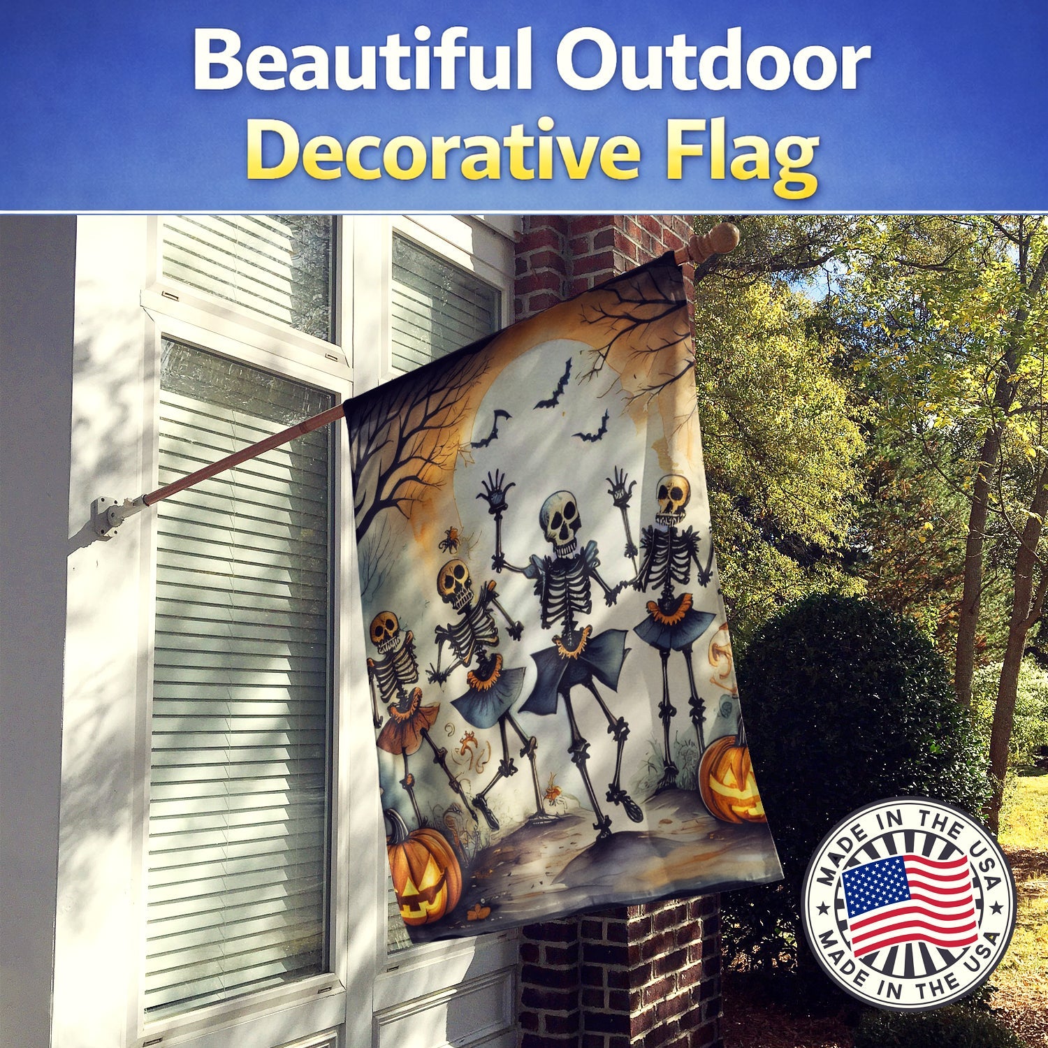 Dancing Skeletons Spooky Halloween House Flag 28x40 Porch Sleeve Pole Decorative Outside Yard Banner Artwork Wall Hanging, Polyester