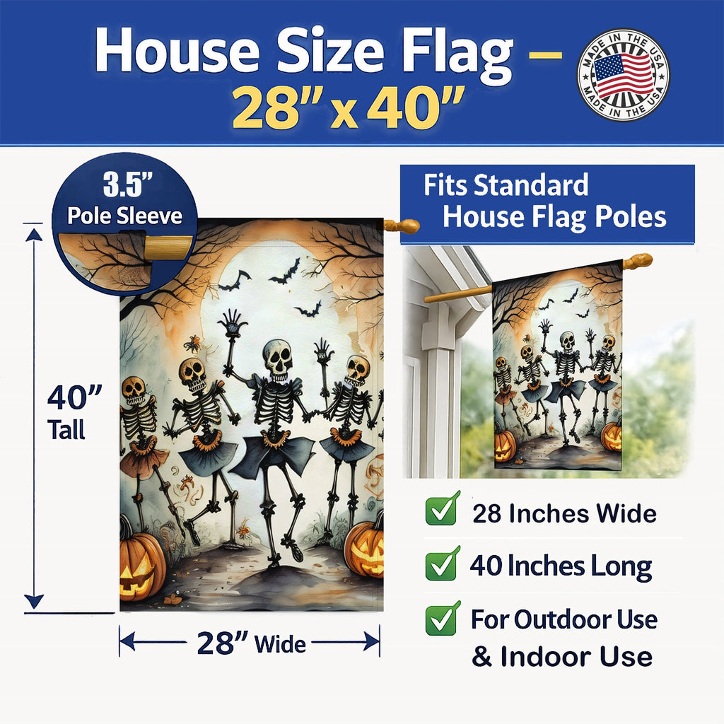 Dancing Skeletons Spooky Halloween House Flag 28x40 Porch Sleeve Pole Decorative Outside Yard Banner Artwork Wall Hanging, Polyester