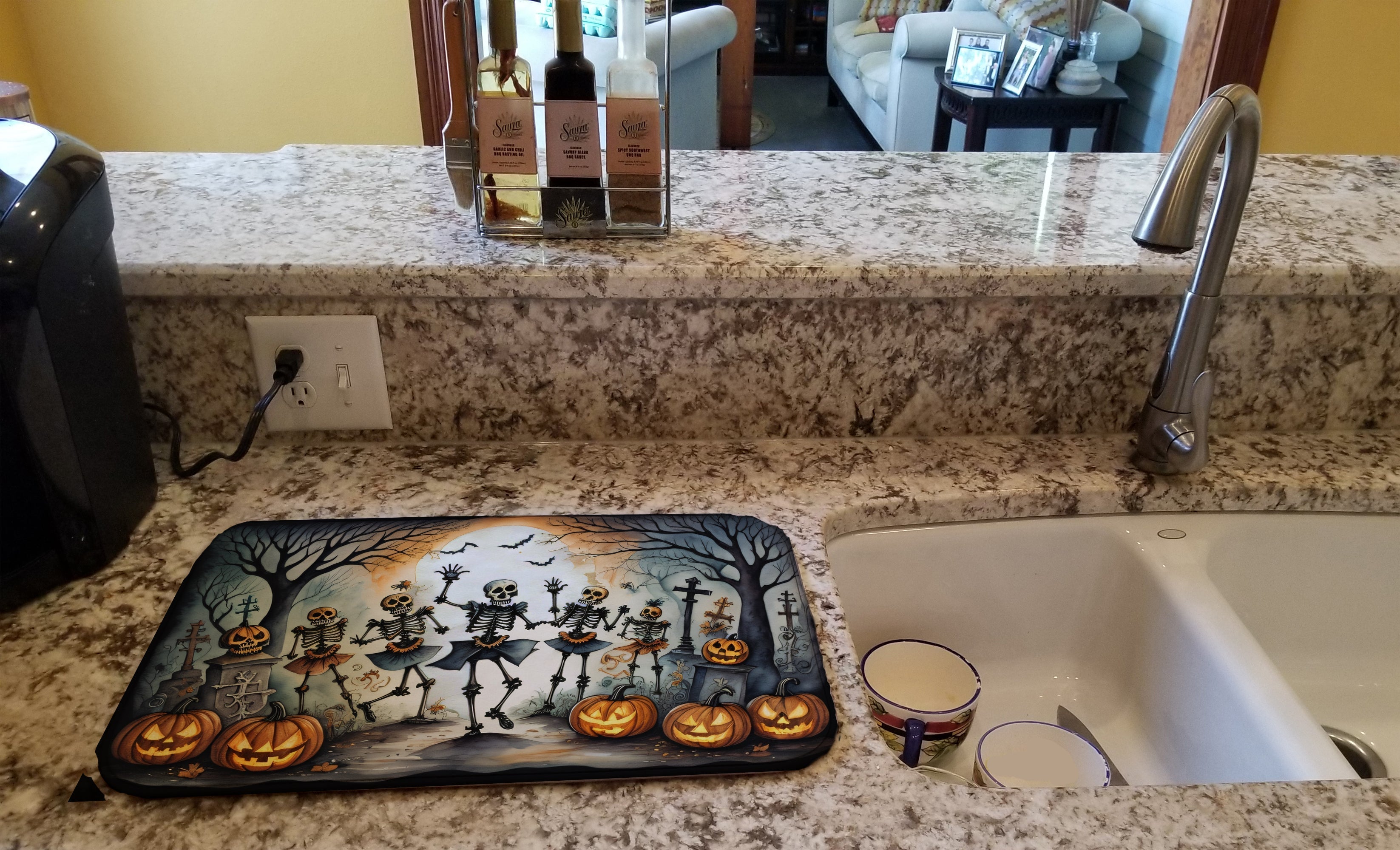Dancing Skeletons Spooky Halloween Dish Drying Mat Absorbent Dish Drying Mat Pad for Kitchen Counter Dish Drainer Mat for Countertop, 14 x 21", Multicolor