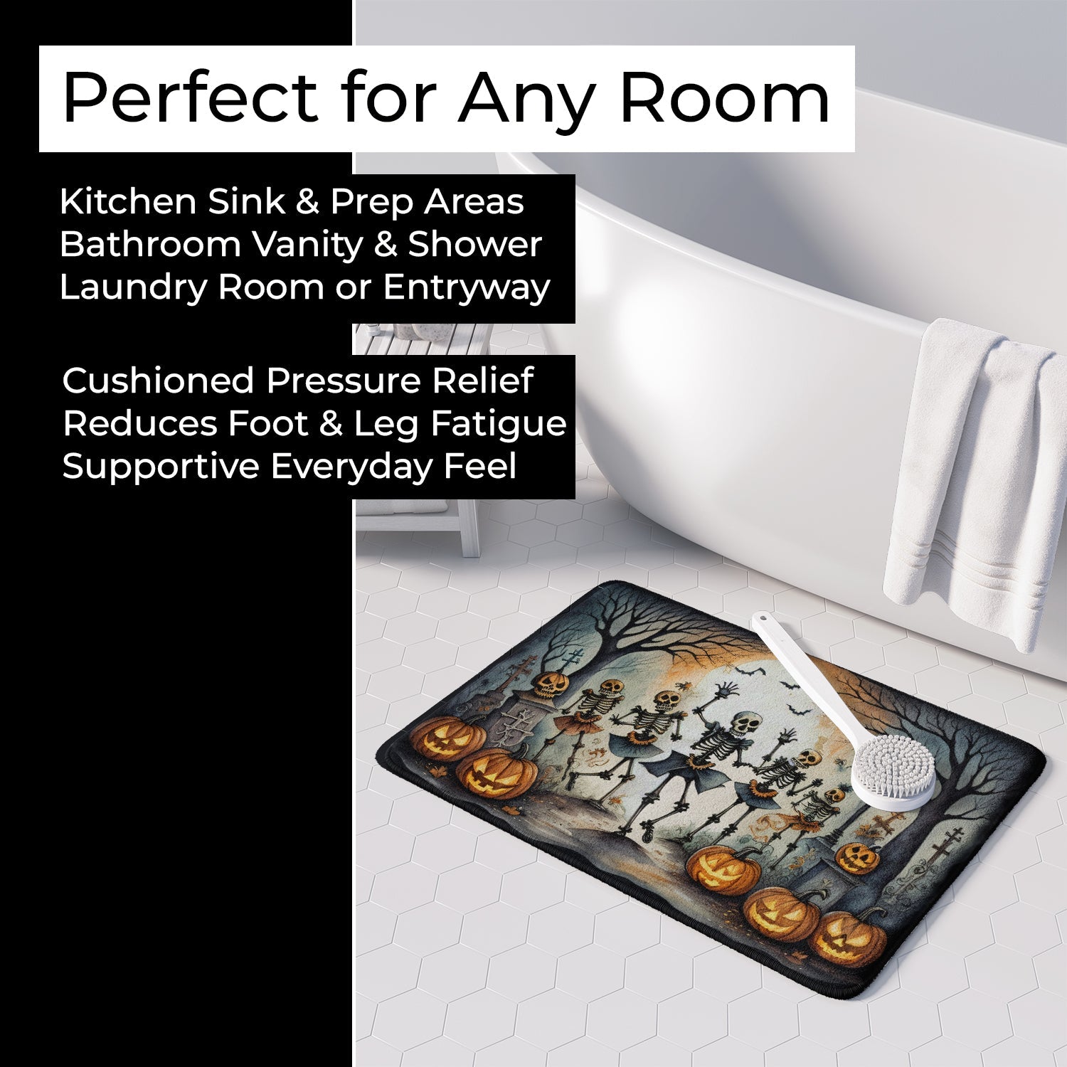 Dancing Skeletons Spooky Halloween Memory Foam Kitchen Mat Machine Washable Anti-Fatigue Cushion Comfort Bath or Kitchen Rug