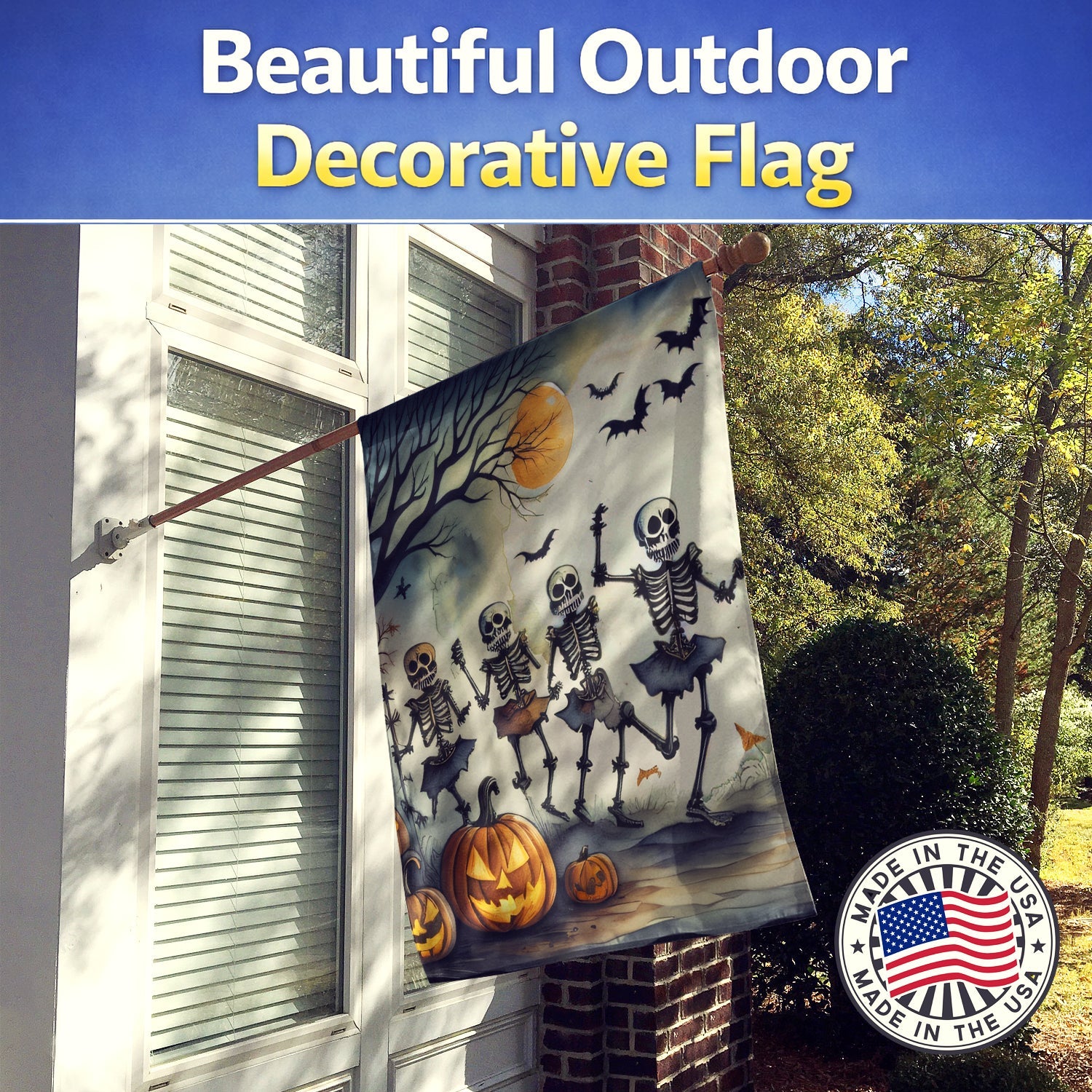 Dancing Skeletons Spooky Halloween House Flag 28x40 Porch Sleeve Pole Decorative Outside Yard Banner Artwork Wall Hanging, Polyester