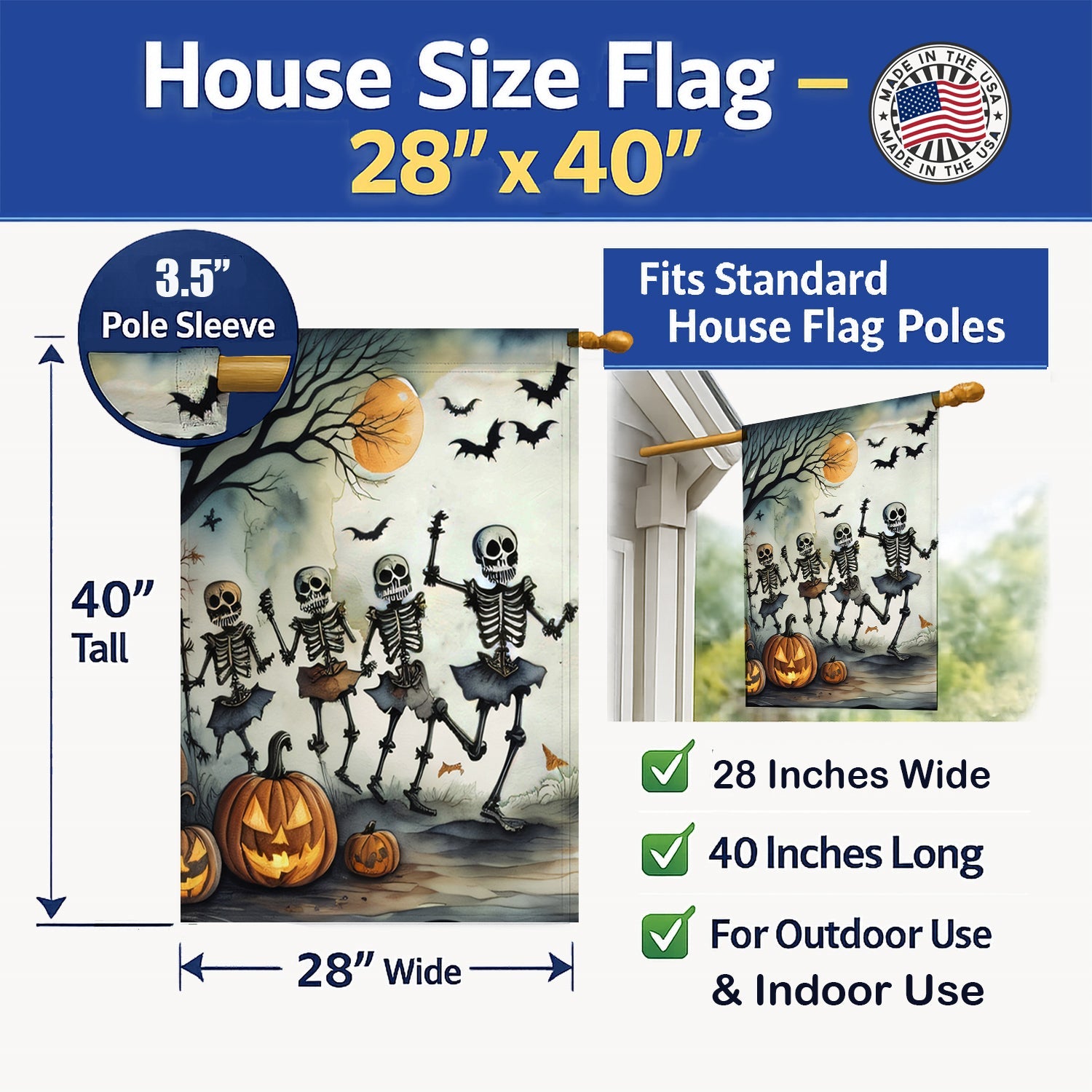 Dancing Skeletons Spooky Halloween House Flag 28x40 Porch Sleeve Pole Decorative Outside Yard Banner Artwork Wall Hanging, Polyester