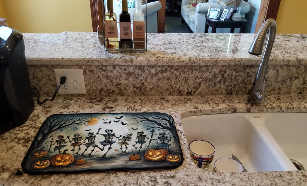 Dancing Skeletons Spooky Halloween Dish Drying Mat Absorbent Dish Drying Mat Pad for Kitchen Counter Dish Drainer Mat for Countertop, 14 x 21", Multicolor