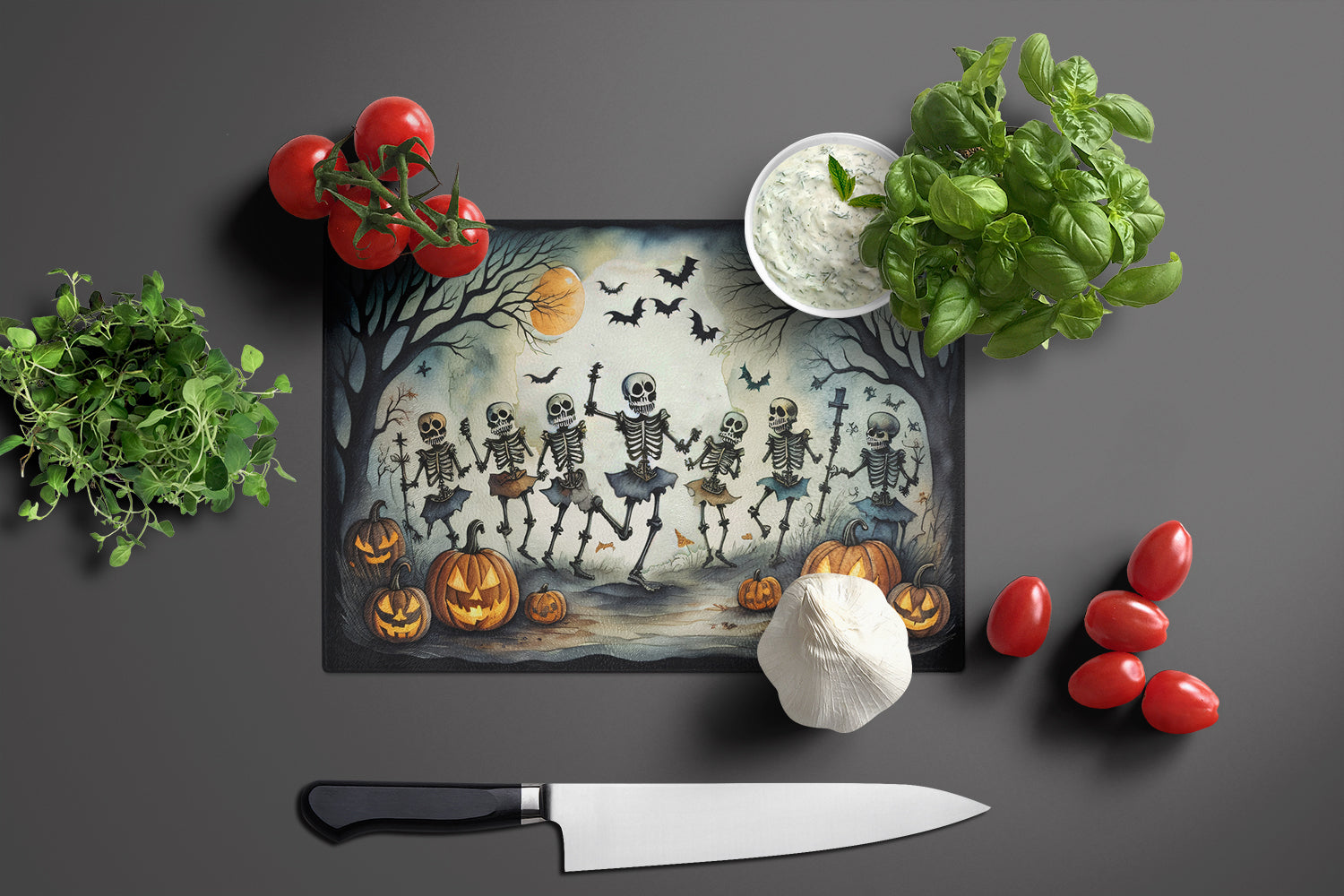 Dancing Skeletons Spooky Halloween Cutting Board Tempered Glass Kitchen Cutting Surface, Heat Resistant Chopping, Non-Slip Feet, Food Prep & Serving