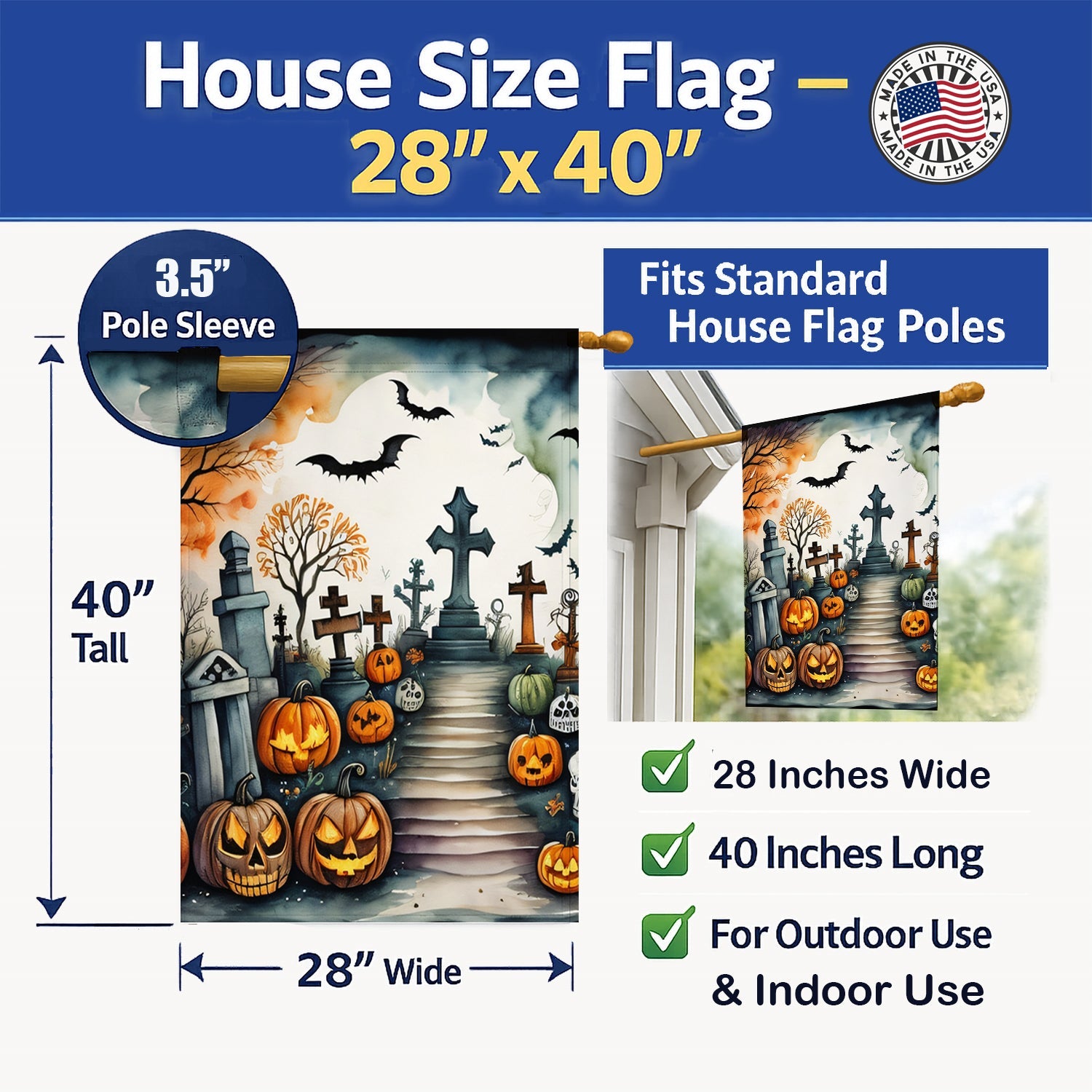 Day of the Dead Spooky Halloween House Flag 28x40 Porch Sleeve Pole Decorative Outside Yard Banner Artwork Wall Hanging, Polyester