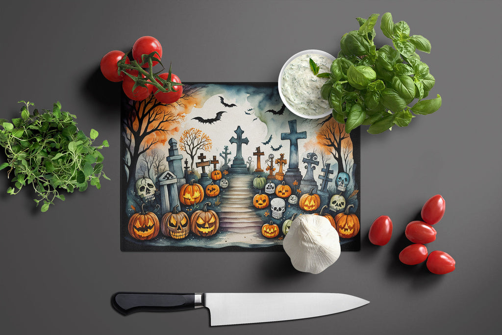 Day of the Dead Spooky Halloween Cutting Board Tempered Glass Kitchen Cutting Surface, Heat Resistant Chopping, Non-Slip Feet, Food Prep & Serving