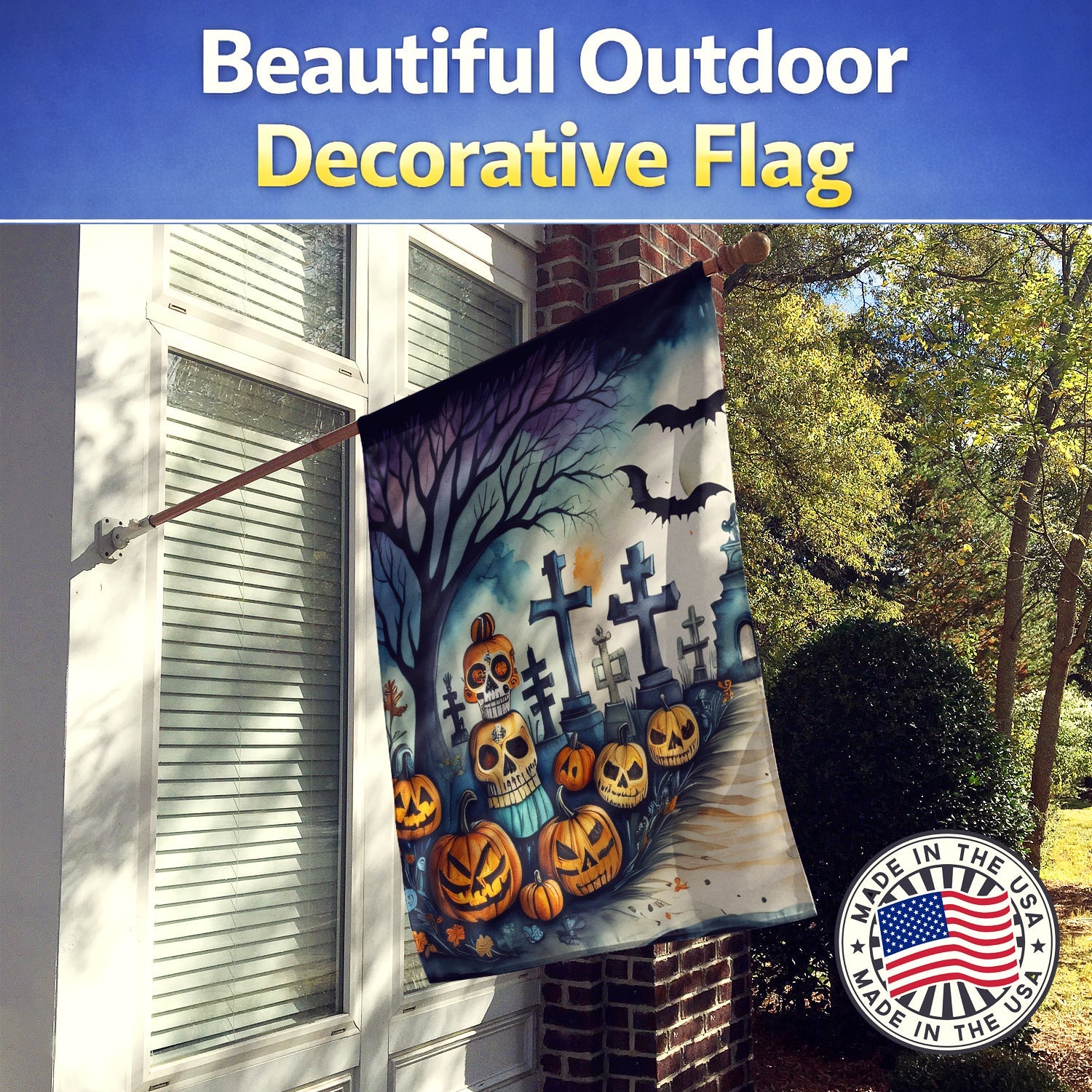 Day of the Dead Spooky Halloween House Flag 28x40 Porch Sleeve Pole Decorative Outside Yard Banner Artwork Wall Hanging, Polyester
