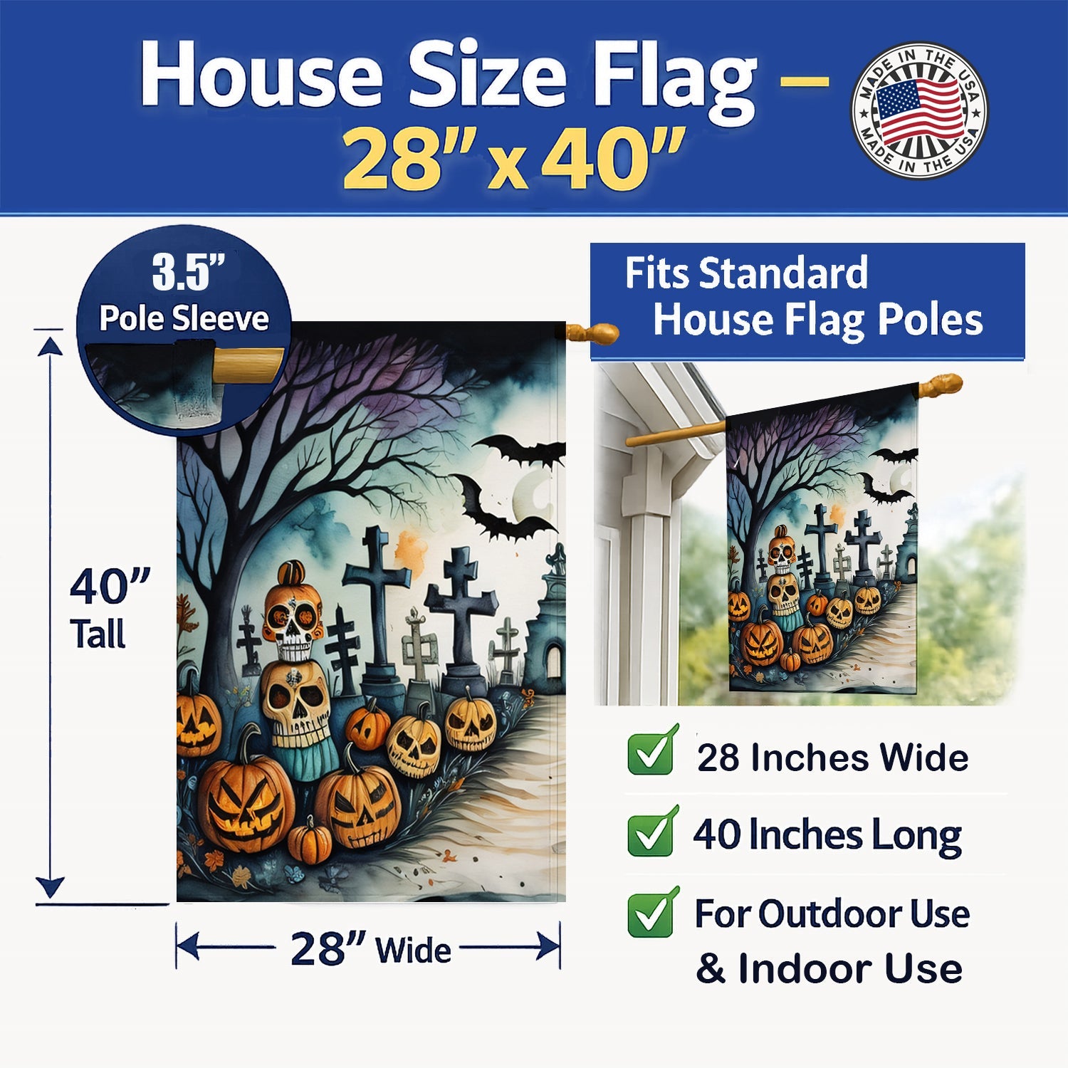 Day of the Dead Spooky Halloween House Flag 28x40 Porch Sleeve Pole Decorative Outside Yard Banner Artwork Wall Hanging, Polyester
