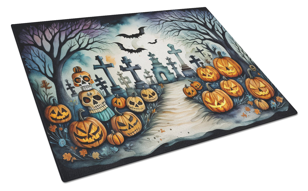 Day of the Dead Spooky Halloween Cutting Board Tempered Glass Kitchen Cutting Surface, Heat Resistant Chopping, Non-Slip Feet, Food Prep & Serving