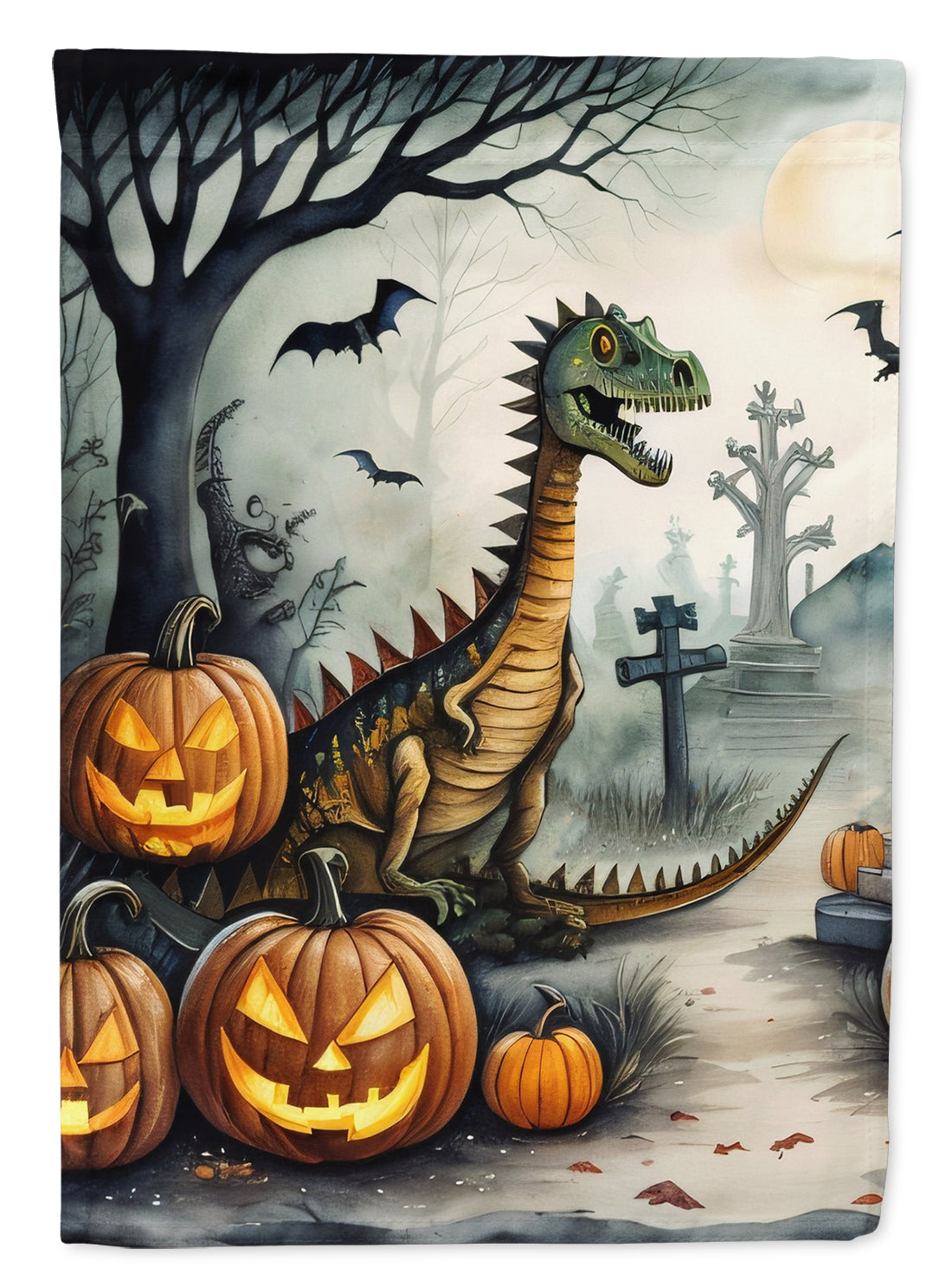 Dinosaurs Spooky Halloween House Flag 28x40 Porch Sleeve Pole Decorative Outside Yard Banner Artwork Wall Hanging, Polyester