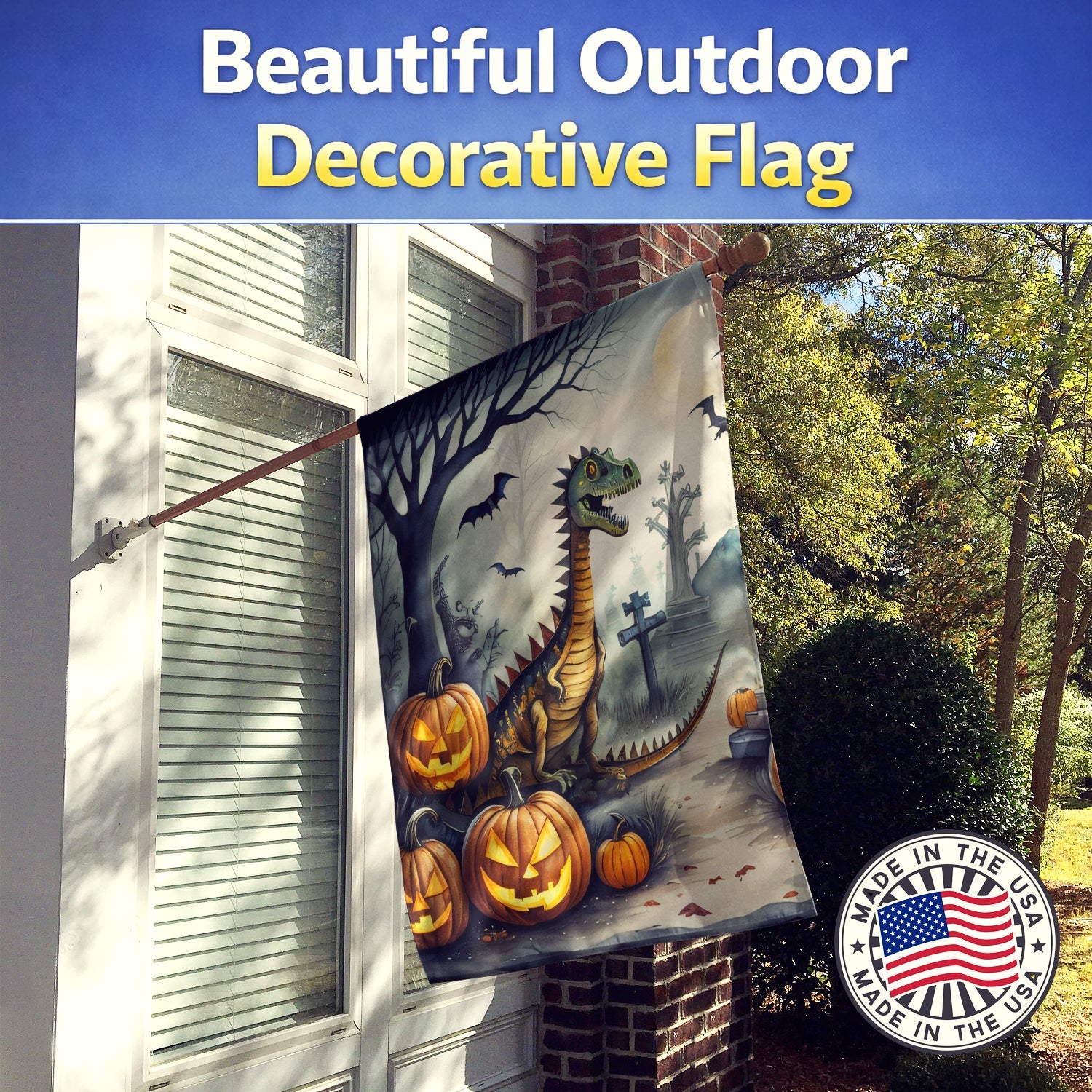 Dinosaurs Spooky Halloween House Flag 28x40 Porch Sleeve Pole Decorative Outside Yard Banner Artwork Wall Hanging, Polyester