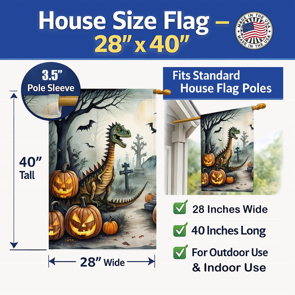 Dinosaurs Spooky Halloween House Flag 28x40 Porch Sleeve Pole Decorative Outside Yard Banner Artwork Wall Hanging, Polyester