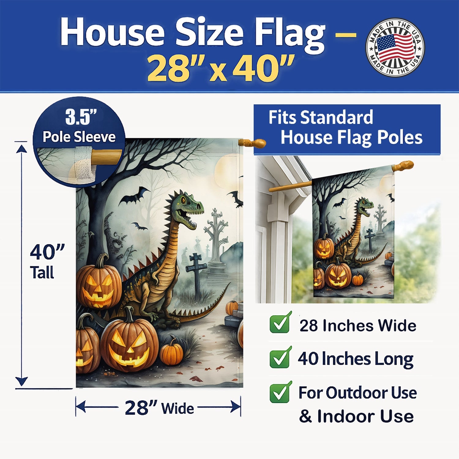 Dinosaurs Spooky Halloween House Flag 28x40 Porch Sleeve Pole Decorative Outside Yard Banner Artwork Wall Hanging, Polyester
