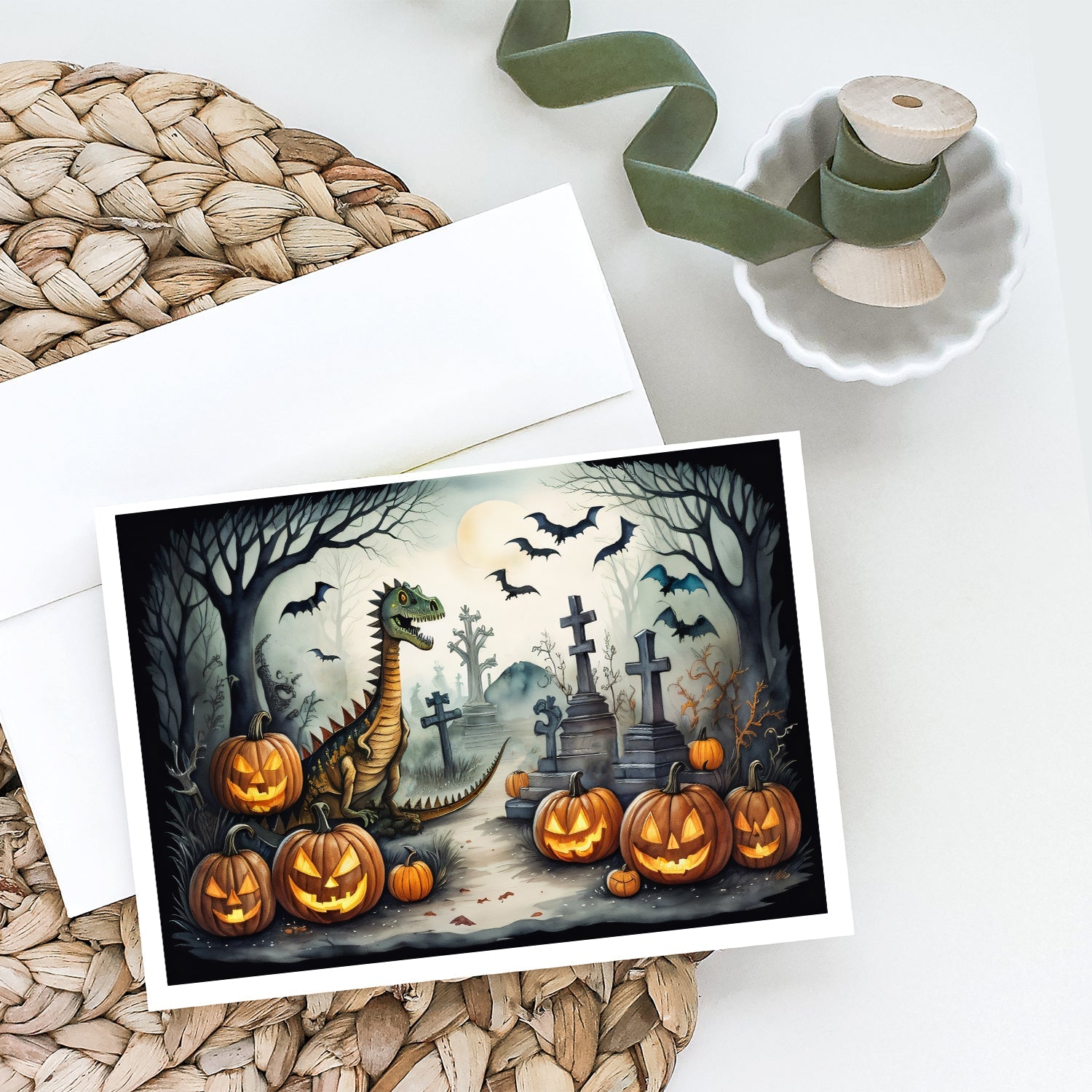 Dinosaurs Spooky Halloween Greeting Cards Pack of 8 Blank Cards with Envelopes Whimsical A7 Size 5x7
