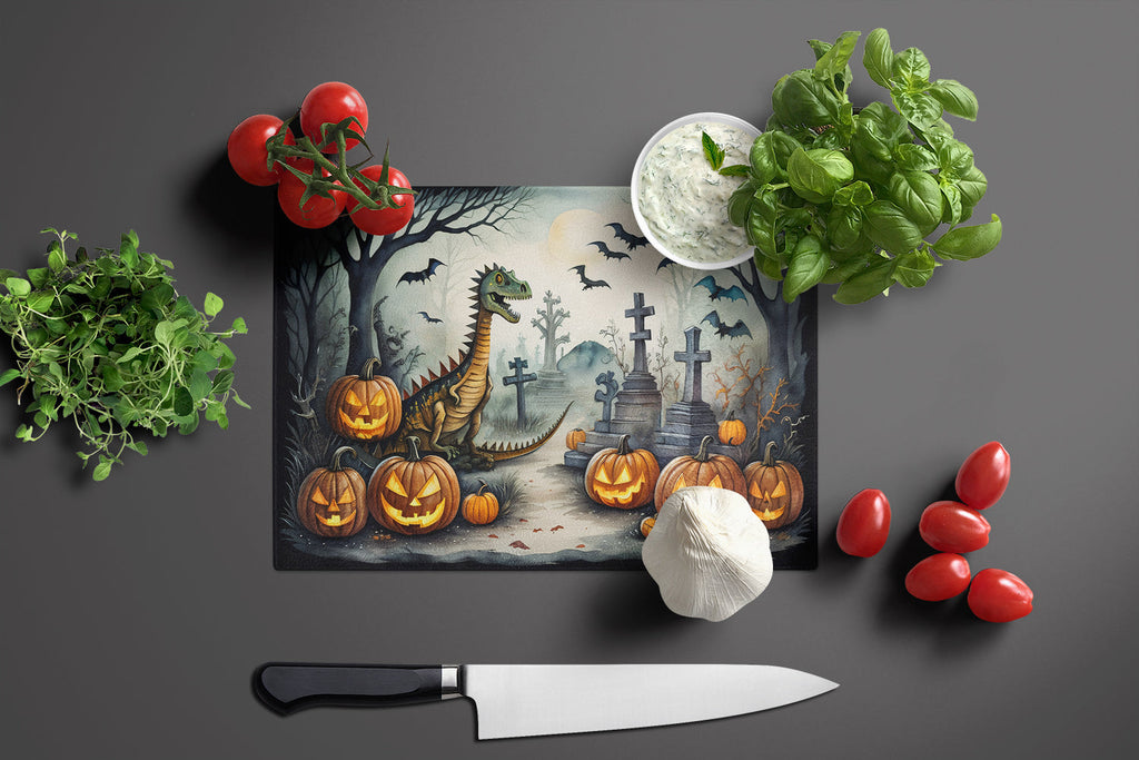 Dinosaurs Spooky Halloween Cutting Board Tempered Glass Kitchen Cutting Surface, Heat Resistant Chopping, Non-Slip Feet, Food Prep & Serving