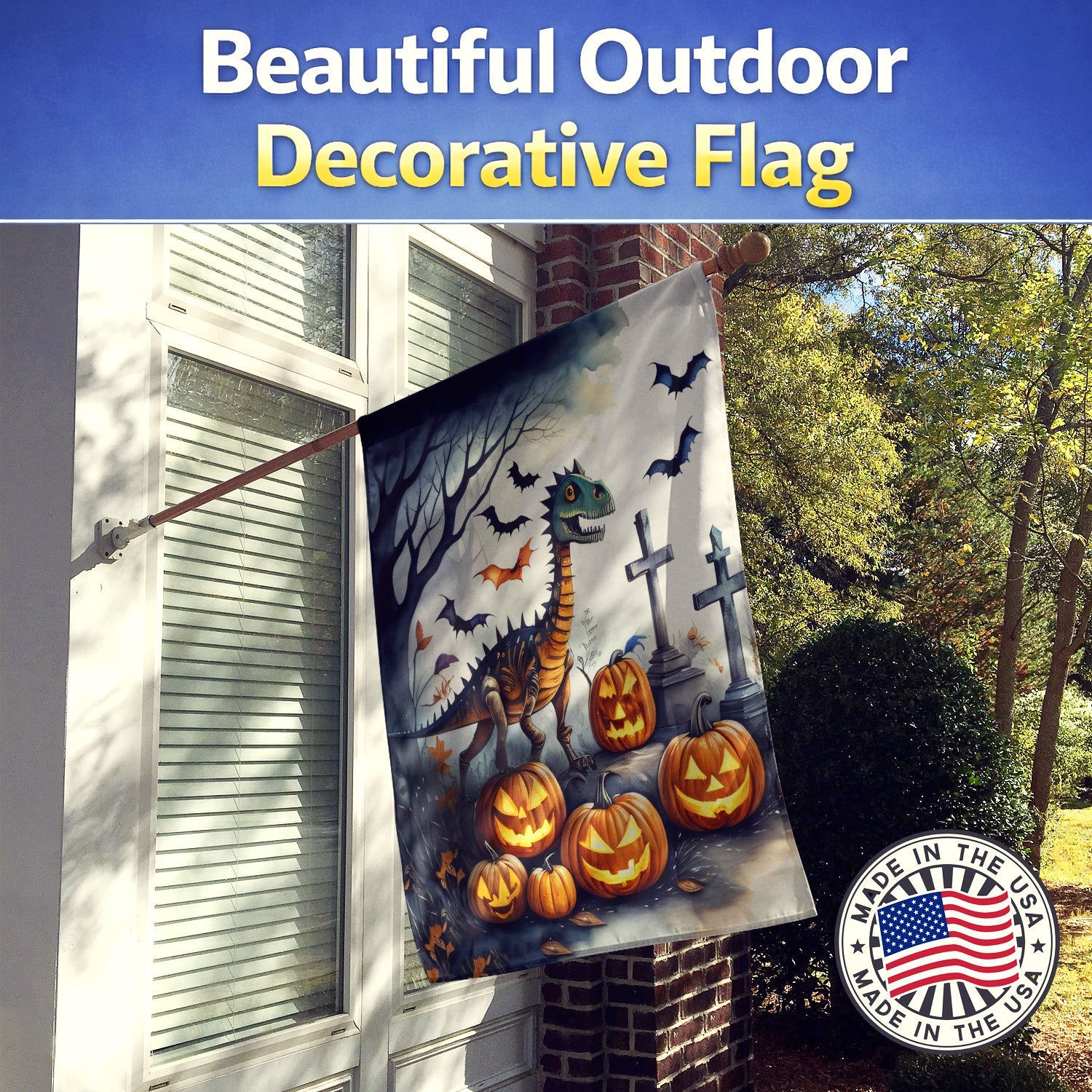 Dinosaurs Spooky Halloween House Flag 28x40 Porch Sleeve Pole Decorative Outside Yard Banner Artwork Wall Hanging, Polyester