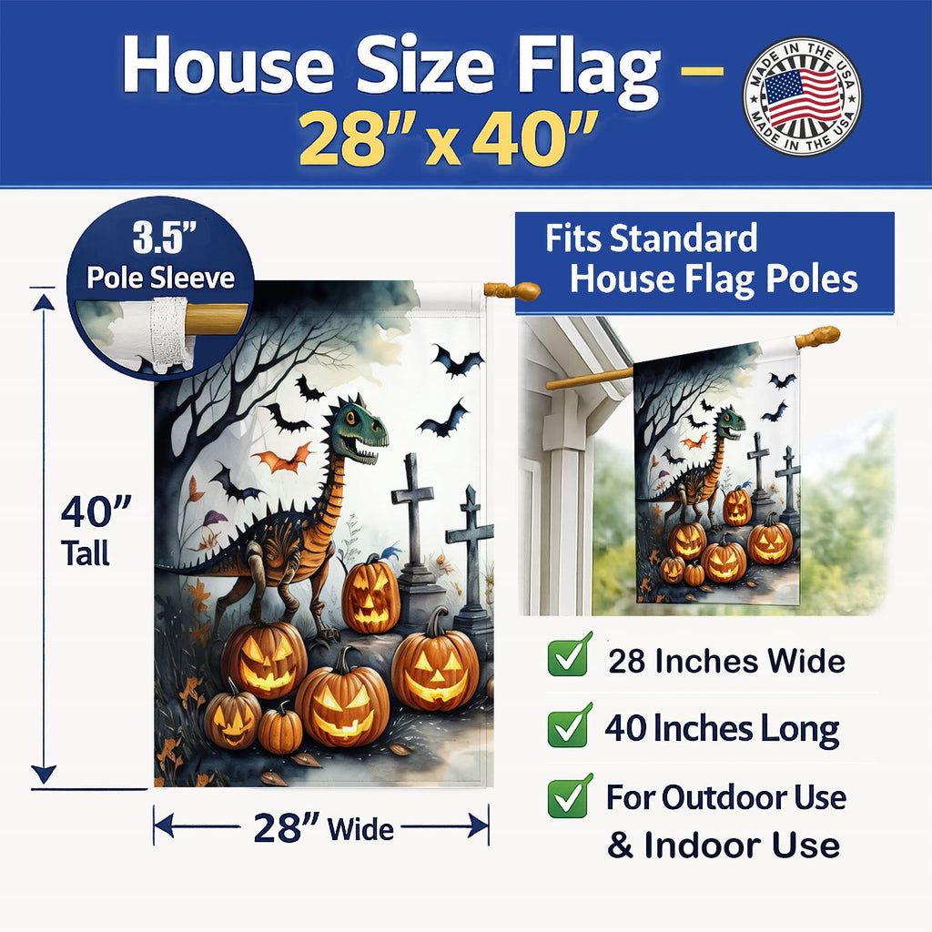 Dinosaurs Spooky Halloween House Flag 28x40 Porch Sleeve Pole Decorative Outside Yard Banner Artwork Wall Hanging, Polyester