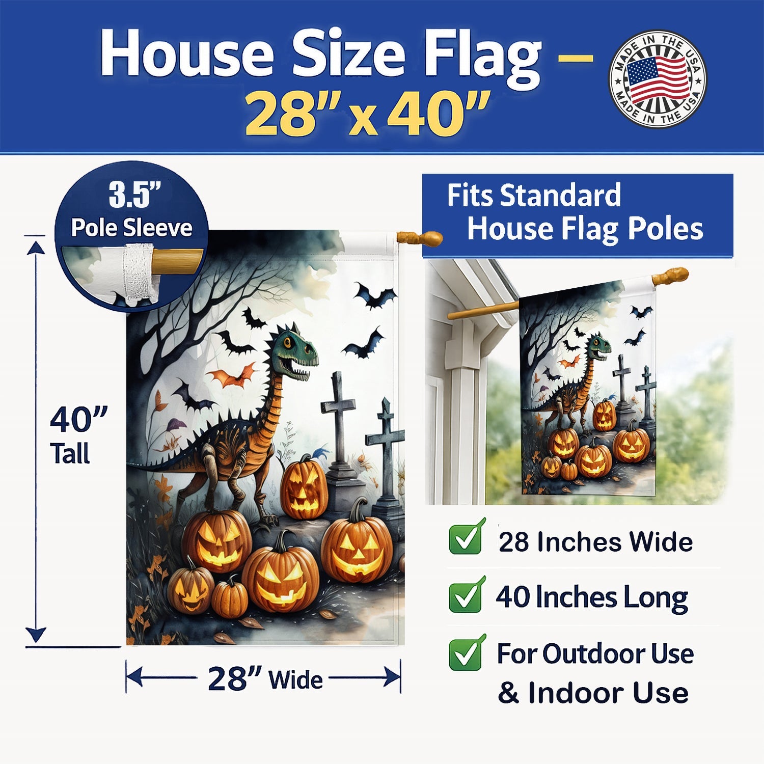 Dinosaurs Spooky Halloween House Flag 28x40 Porch Sleeve Pole Decorative Outside Yard Banner Artwork Wall Hanging, Polyester