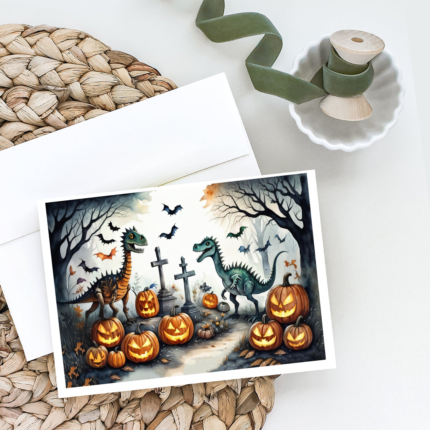 Dinosaurs Spooky Halloween Greeting Cards Pack of 8 Blank Cards with Envelopes Whimsical A7 Size 5x7