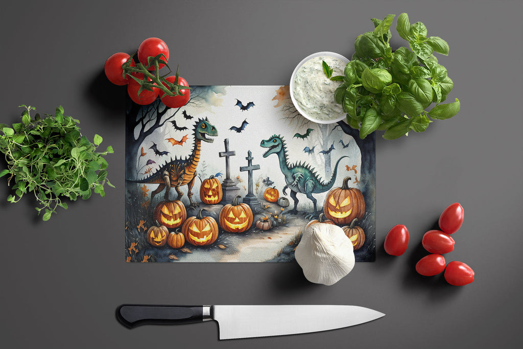 Dinosaurs Spooky Halloween Cutting Board Tempered Glass Kitchen Cutting Surface, Heat Resistant Chopping, Non-Slip Feet, Food Prep & Serving
