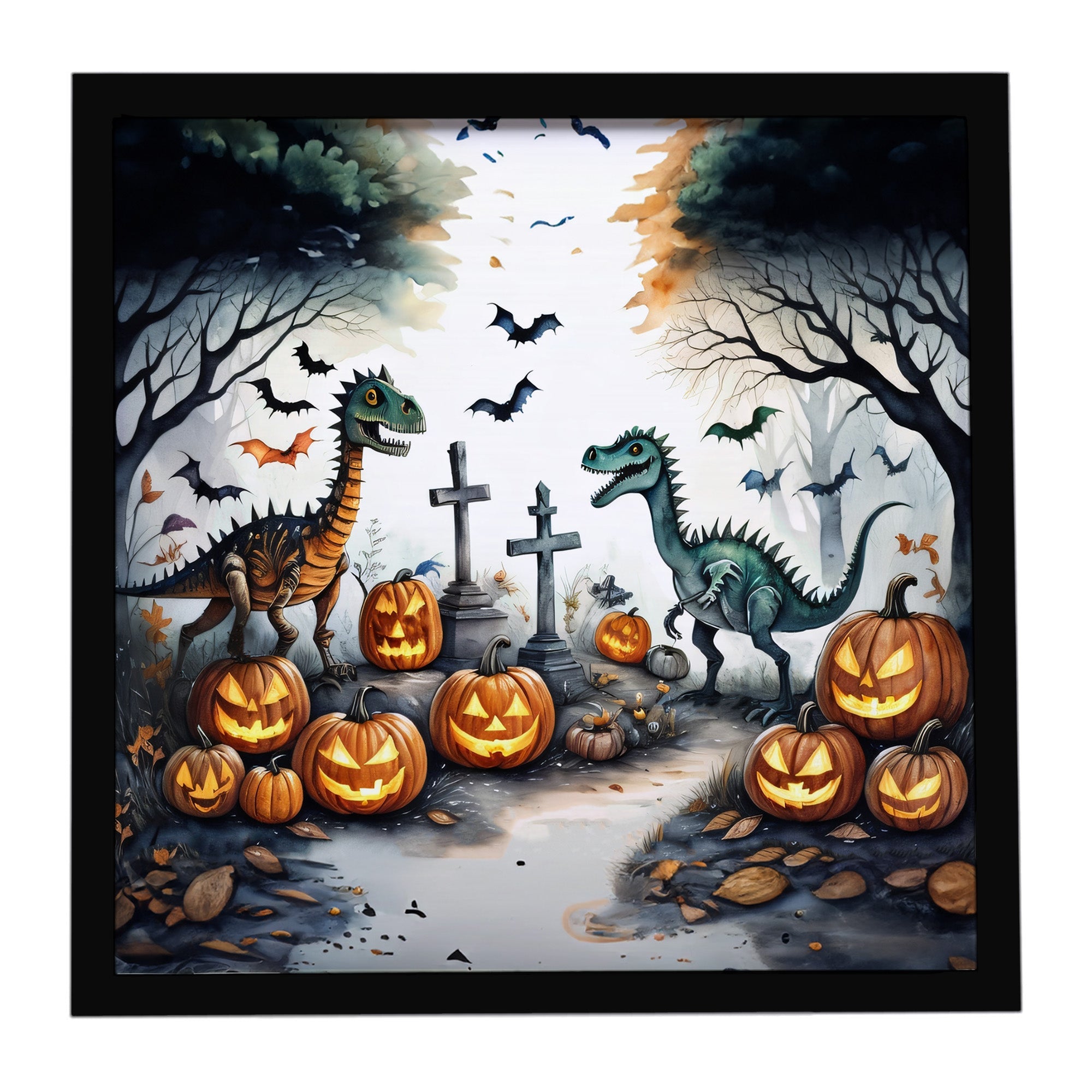 Dinosaurs Spooky Halloween Framed Metal Print Bathroom, Kitchen, Office, Home Decor Wall Art Ready to Hang, Square, 8X8
