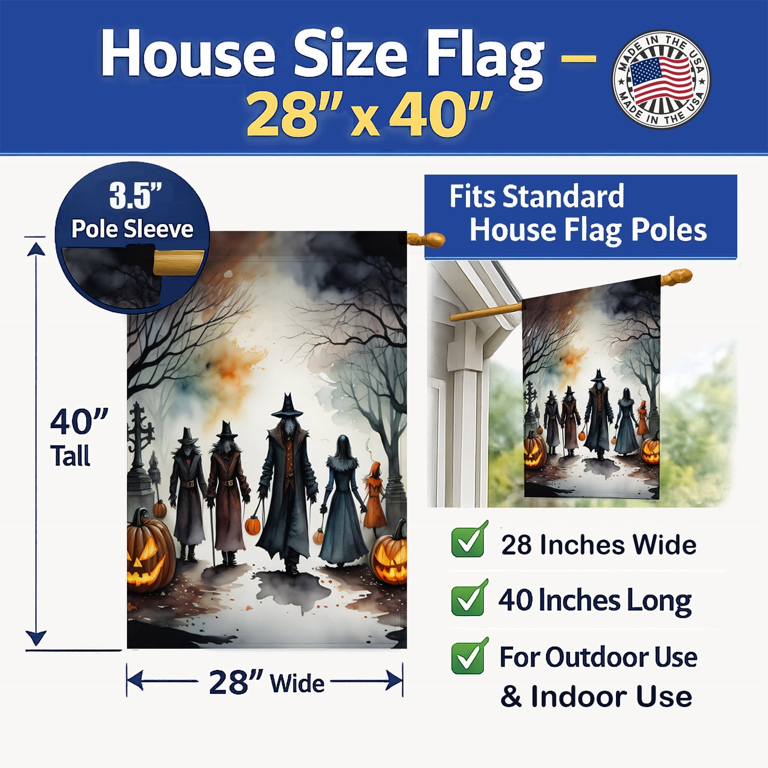 Vampires Spooky Halloween House Flag 28x40 Porch Sleeve Pole Decorative Outside Yard Banner Artwork Wall Hanging, Polyester