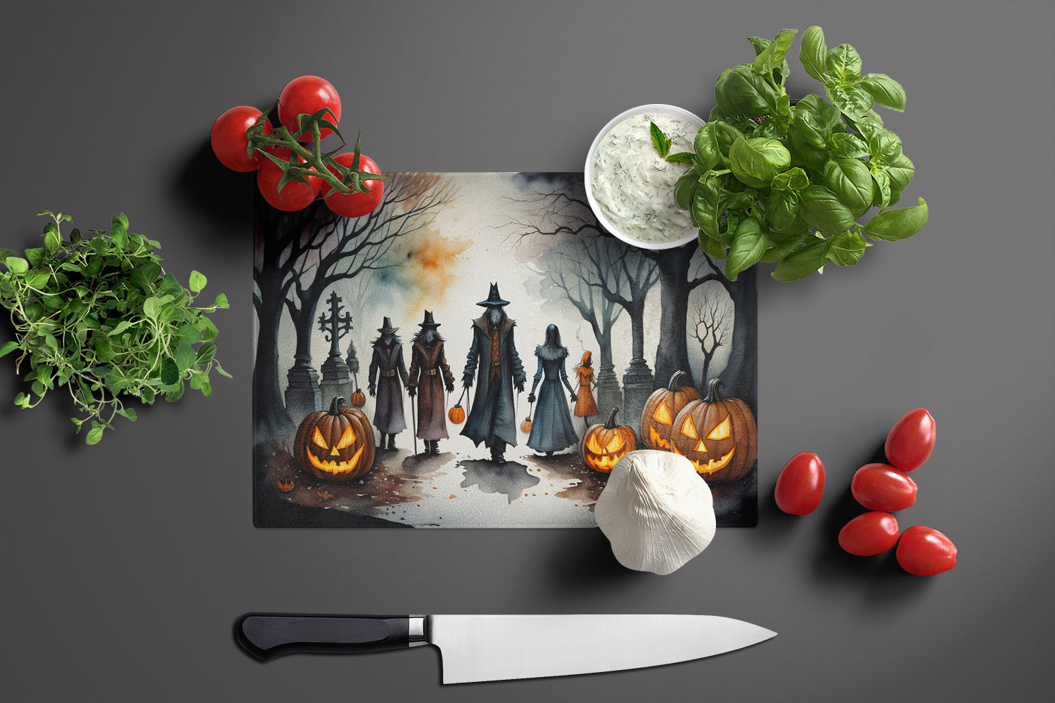 Vampires Spooky Halloween Cutting Board Tempered Glass Kitchen Cutting Surface, Heat Resistant Chopping, Non-Slip Feet, Food Prep & Serving