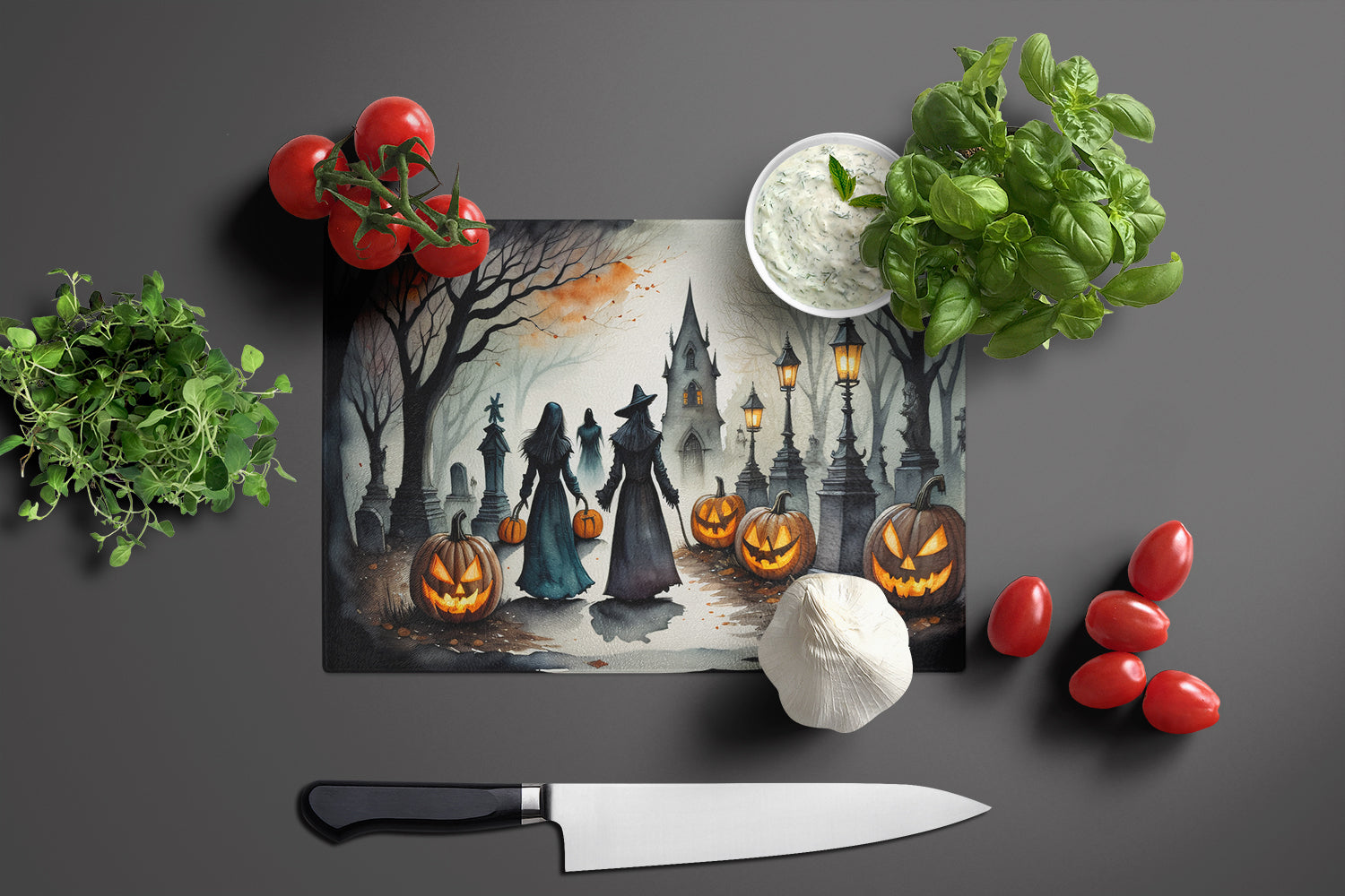 Vampires Spooky Halloween Cutting Board Tempered Glass Kitchen Cutting Surface, Heat Resistant Chopping, Non-Slip Feet, Food Prep & Serving