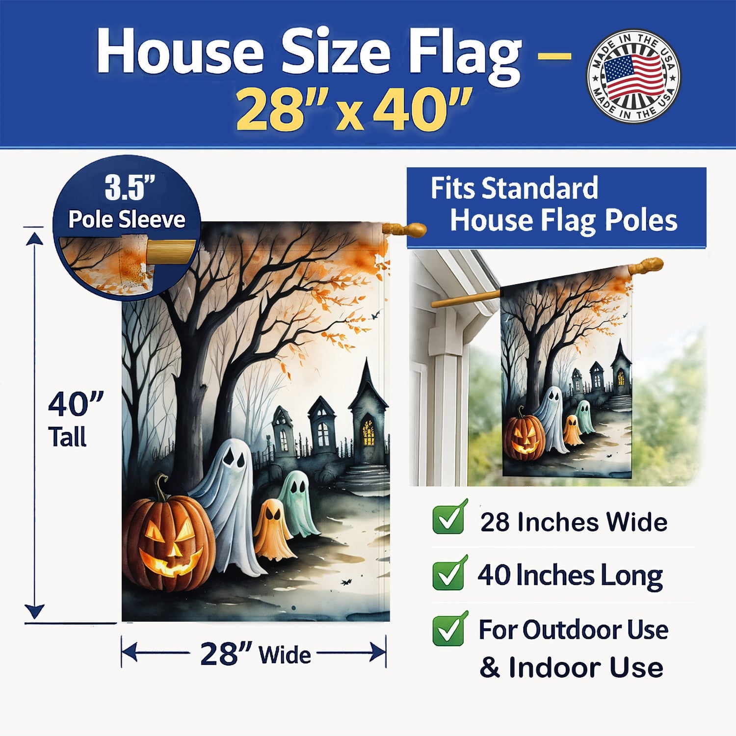 Ghosts Spooky Halloween House Flag 28x40 Porch Sleeve Pole Decorative Outside Yard Banner Artwork Wall Hanging, Polyester